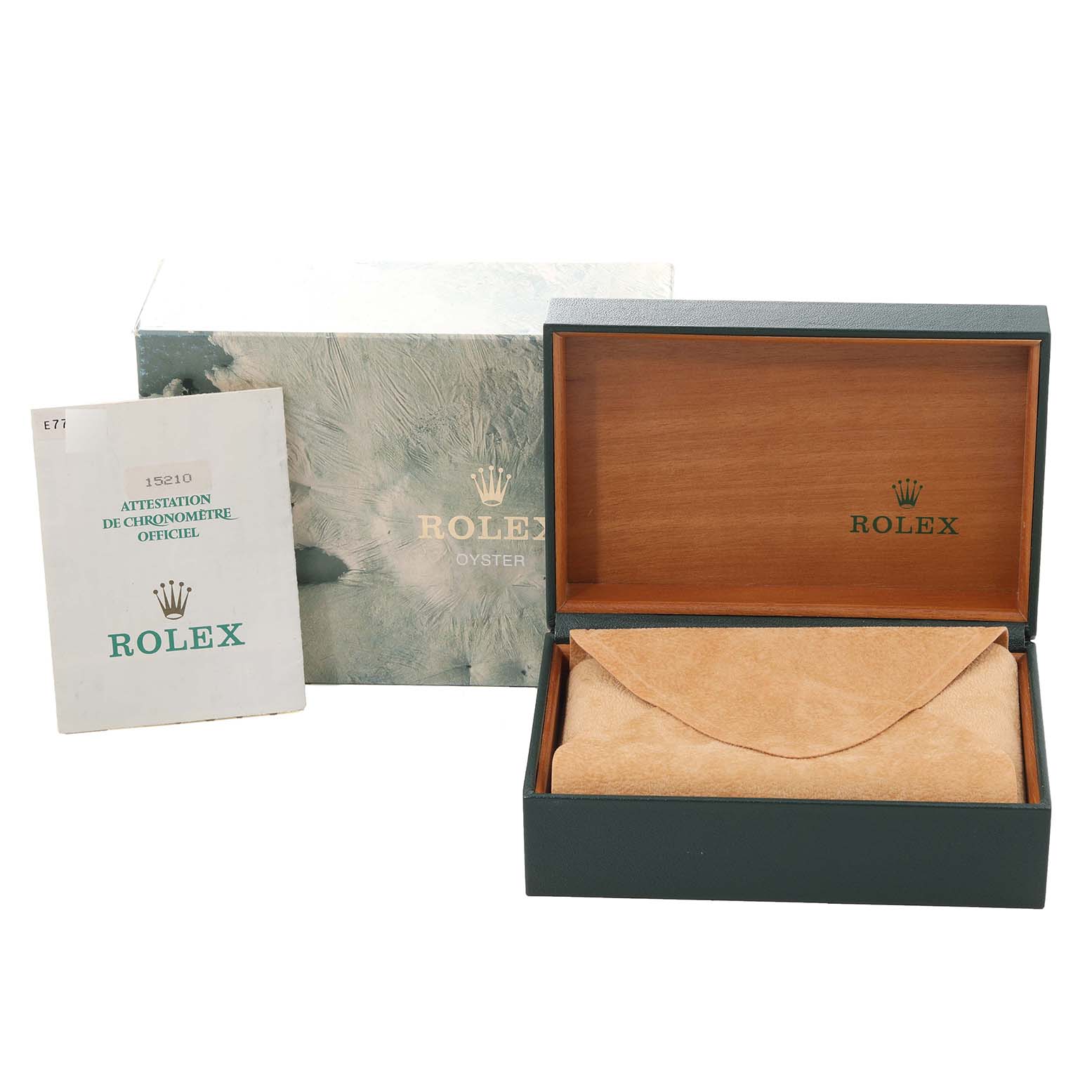 This image shows the packaging and certificate for a Rolex Date 15210 Men's Stainless Steel Silver Dial 15210 Men's Stainless Steel Silver Dial model, including its box and official chronometer certification.