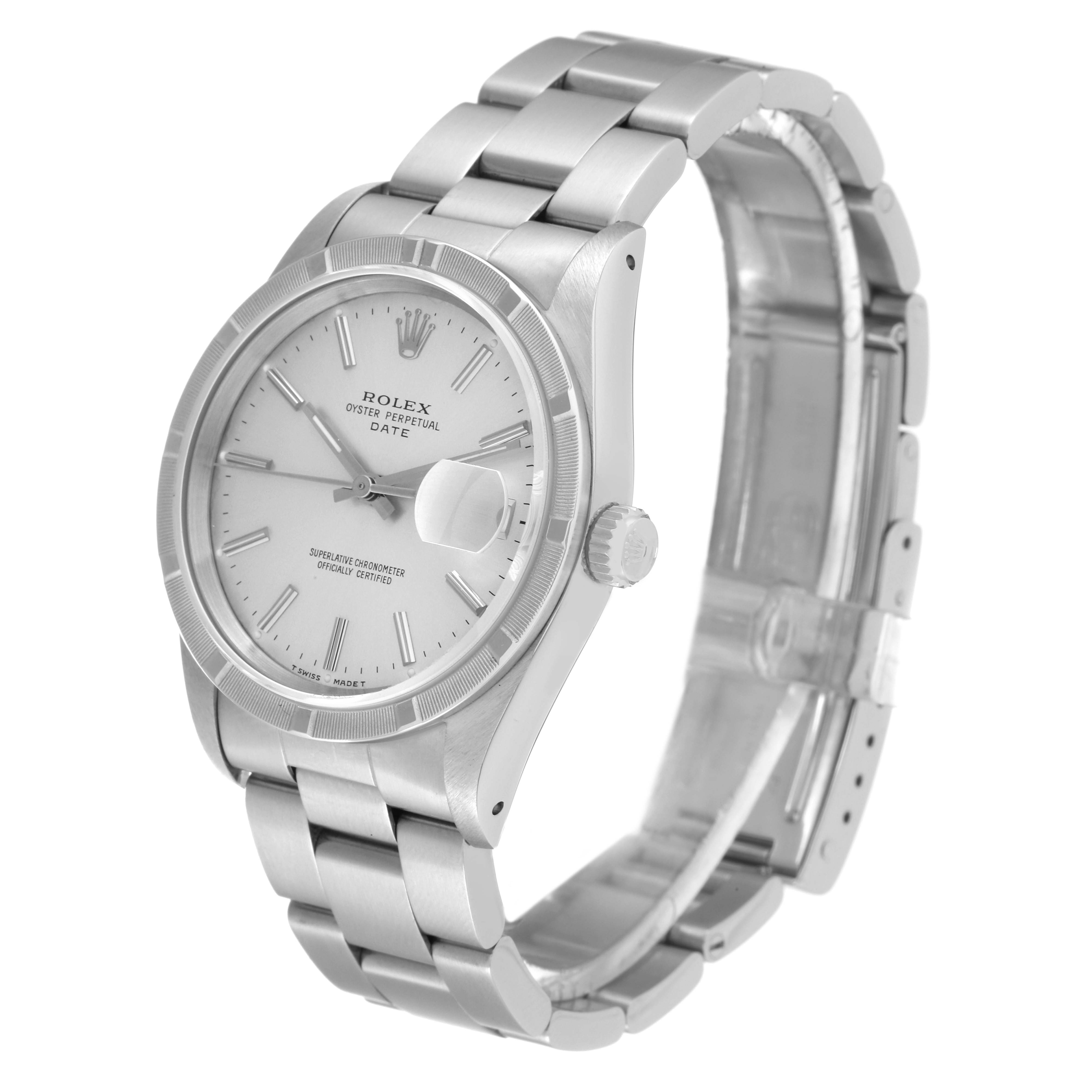 The Rolex Date 15210 Men's Stainless Steel Silver Dial 15210 Men's Stainless Steel Silver Dial model is shown from a three-quarter angle, displaying the face, bezel, crown, and stainless steel bracelet.