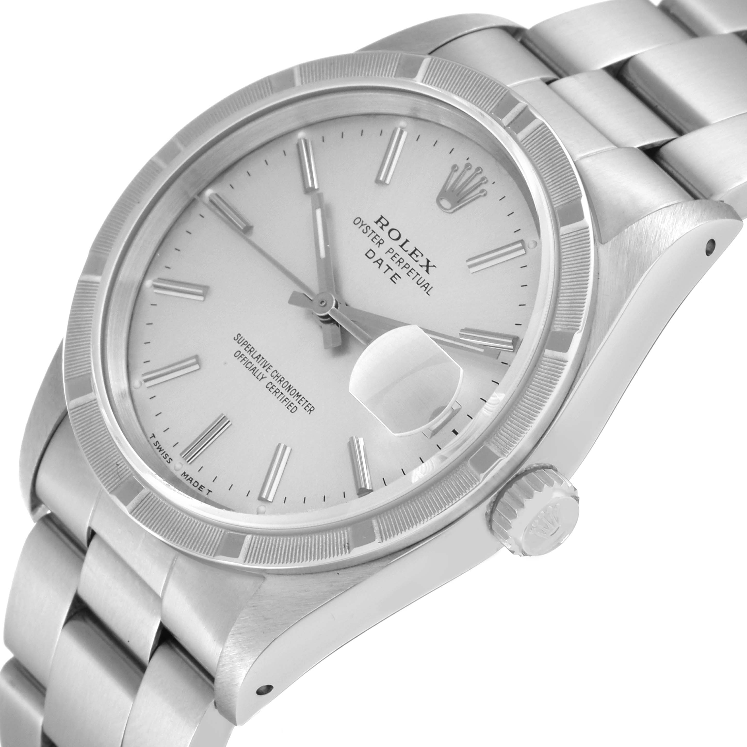 The image shows a Rolex Date 15210 Men's Stainless Steel Silver Dial 15210 Men's Stainless Steel Silver Dial model watch at an angled view, displaying the dial, crown, and part of the bracelet.