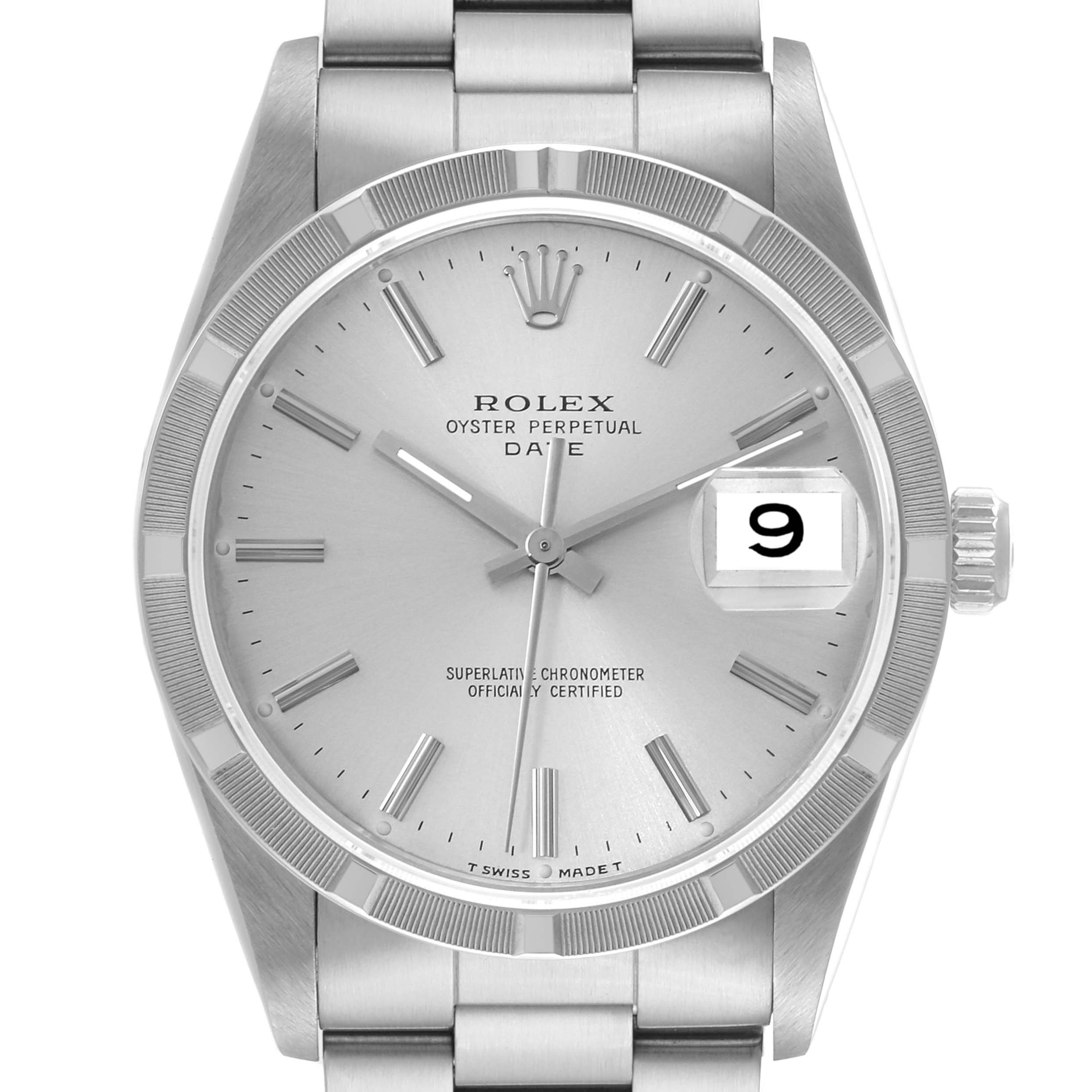 The image shows a front view of a Rolex Oyster Perpetual Date, highlighting the dial, bezel, bracelet, and date display.