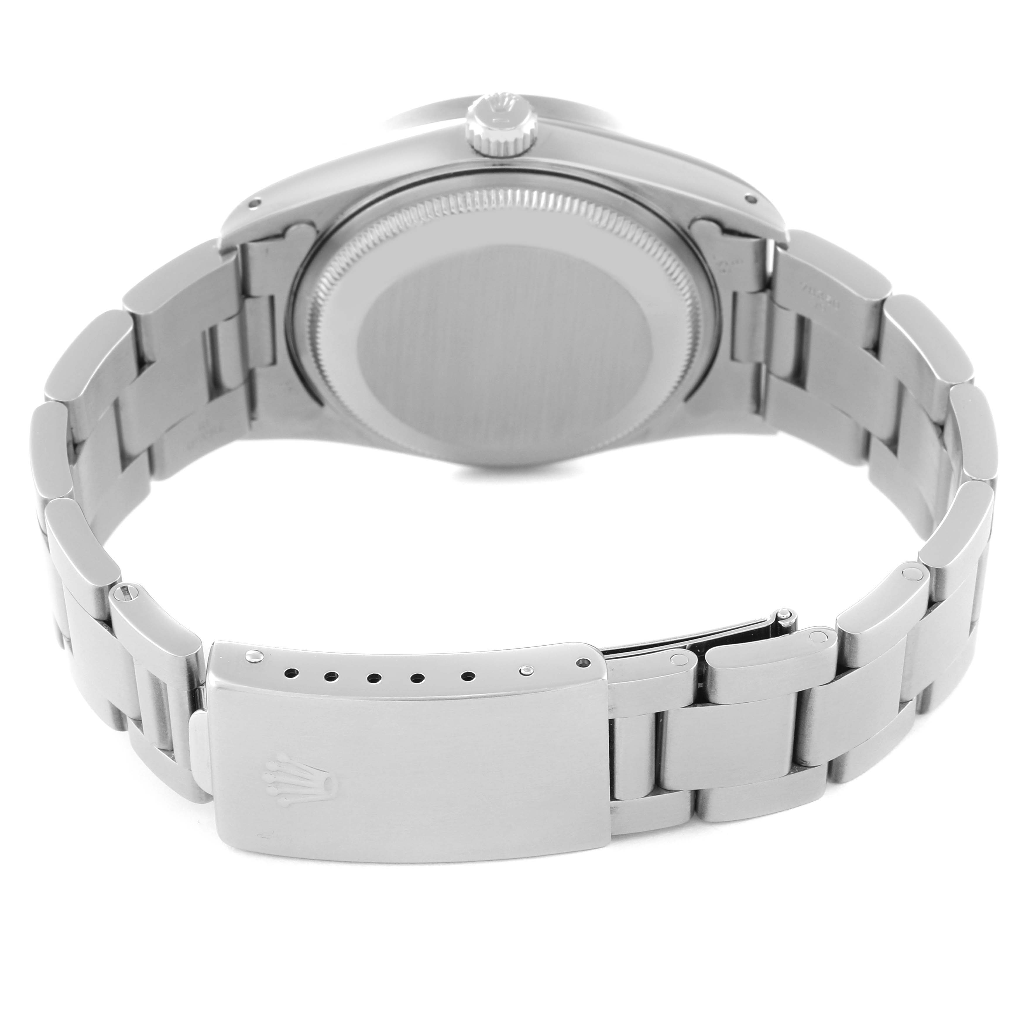 This image shows the rear view of a Rolex Date 15210 Men's Stainless Steel Silver Dial 15210 Men's Stainless Steel Silver Dial model watch, highlighting the case back and bracelet clasp.