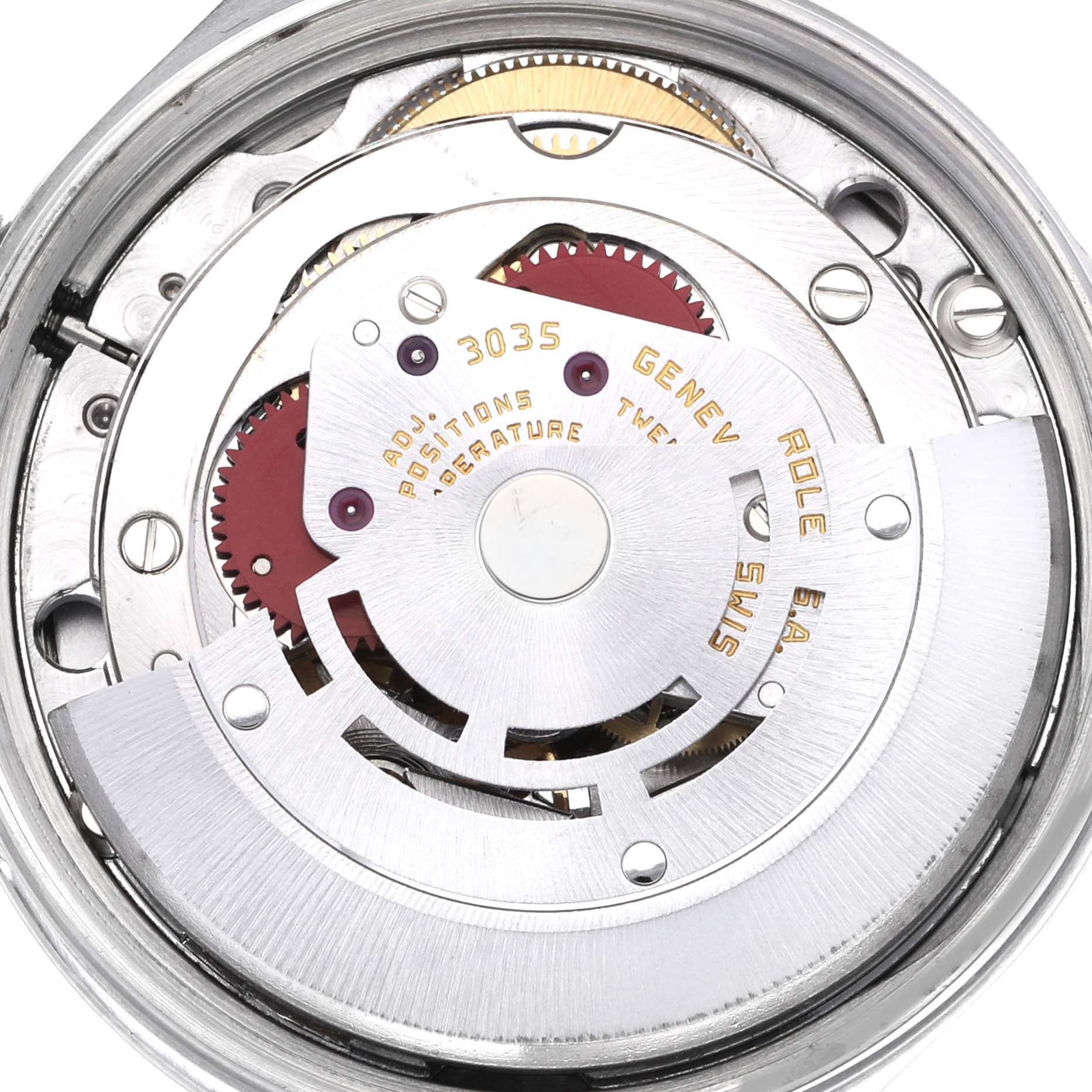 The image shows the internal mechanism of the Rolex Vintage Collection 15000 Men's Stainless Steel Silver Dial 15000 Men's Stainless Steel Silver Dial watch, showcasing gears and the rotor from a top-down perspective.