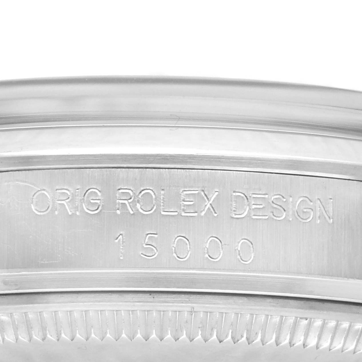 This image shows the side of the Rolex Vintage Collection 15000 Men's Stainless Steel Silver Dial 15000 Men's Stainless Steel Silver Dial watch, highlighting the model number engraved on the watch case.