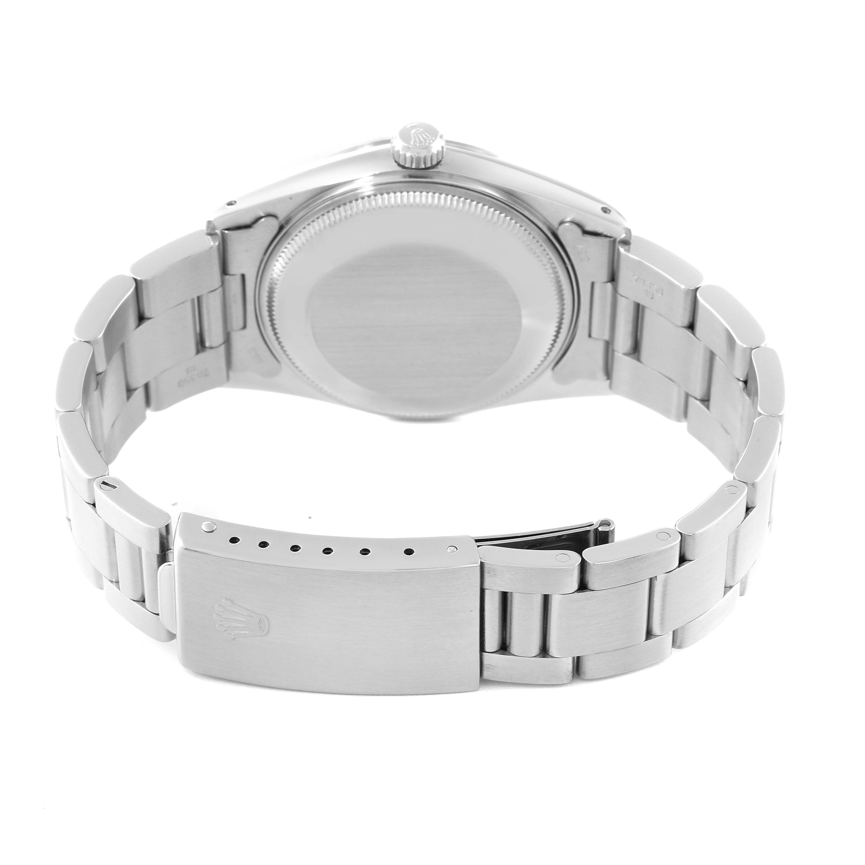 The image shows the back view of the Rolex Vintage Collection 15000 Men's Stainless Steel Silver Dial 15000 Men's Stainless Steel Silver Dial watch, highlighting its bracelet and clasp.