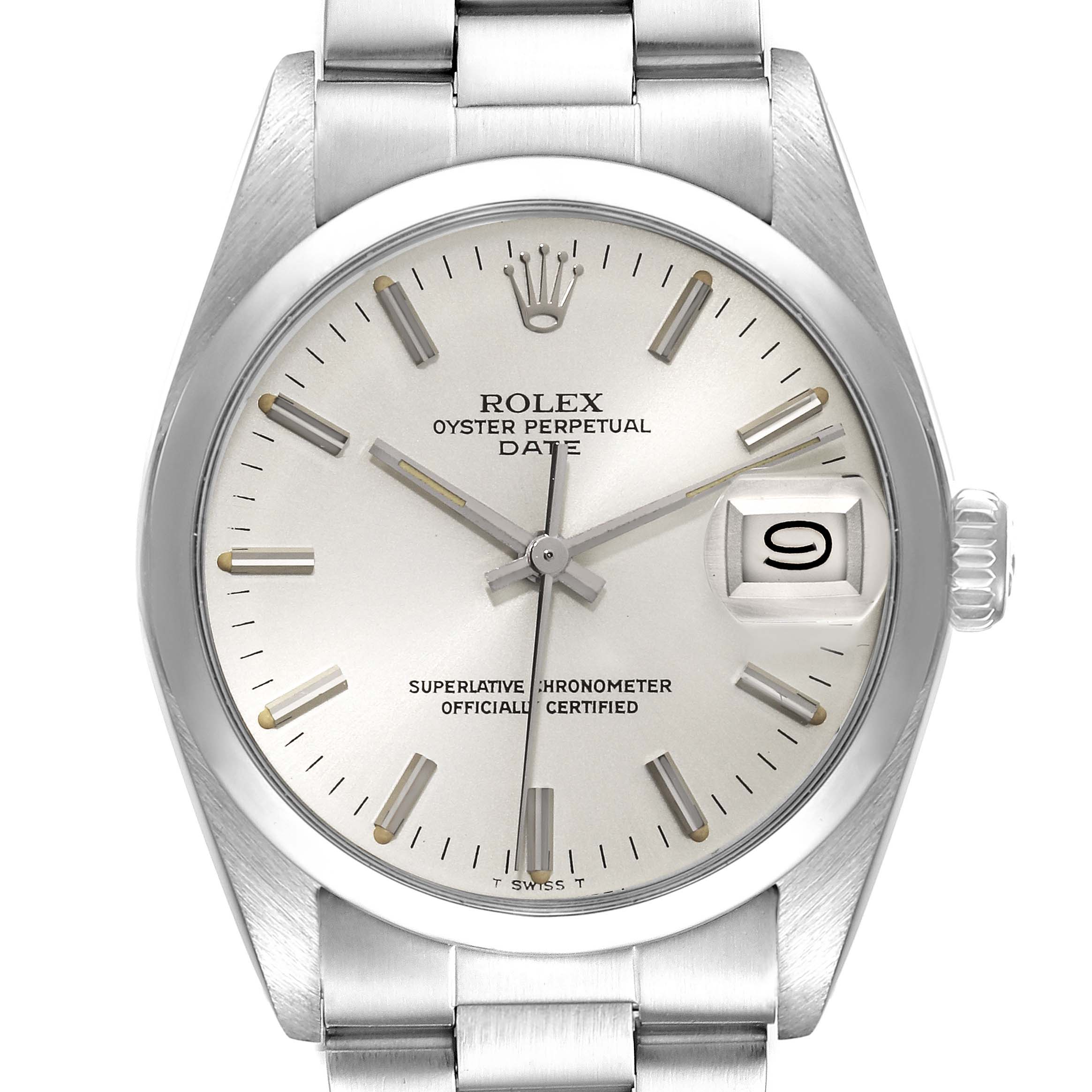 The image shows a front perspective of the Rolex Vintage Collection 15000 Men's Stainless Steel Silver Dial 15000 Men's Stainless Steel Silver Dial, Oyster Perpetual Date model, highlighting the dial, crown, and bracelet.