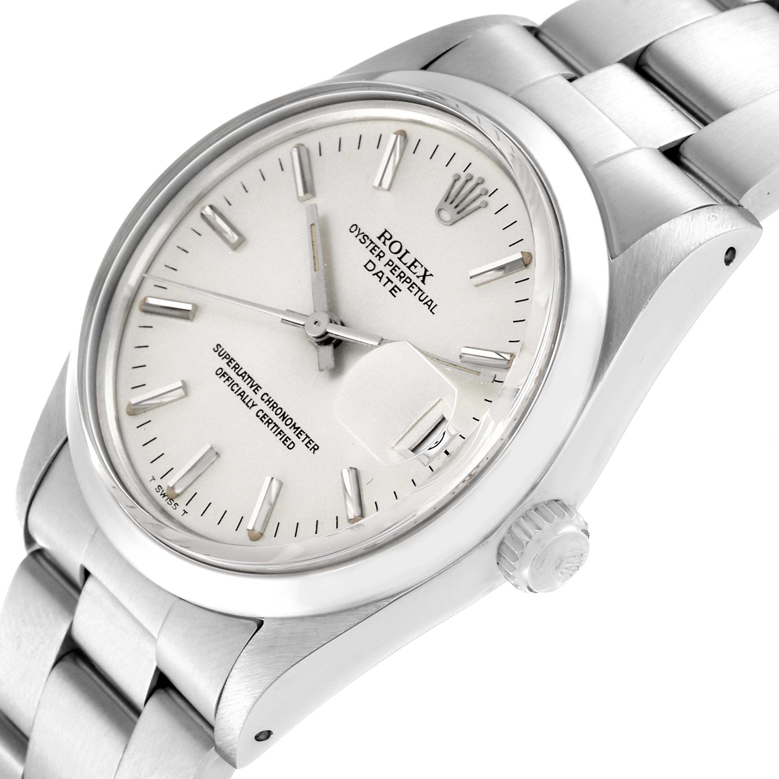 The Rolex Vintage Collection 15000 Men's Stainless Steel Silver Dial 15000 Men's Stainless Steel Silver Dial Oyster Perpetual Date watch is shown at an angled view, highlighting the dial, case, and part of the bracelet.