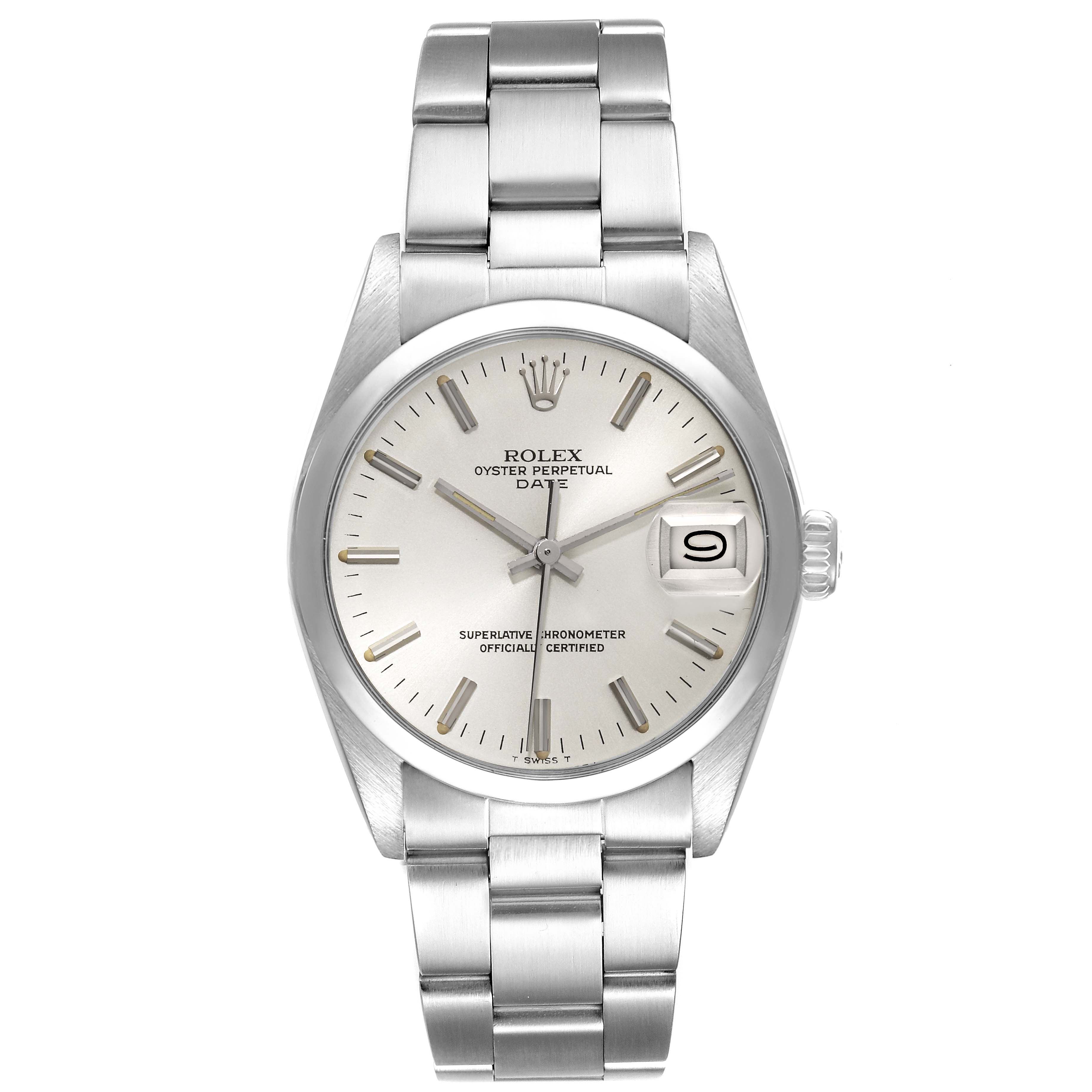 The image shows a front view of the Rolex Vintage Collection 15000 Men's Stainless Steel Silver Dial 15000 Men's Stainless Steel Silver Dial Oyster Perpetual Date model, displaying the dial and bracelet.