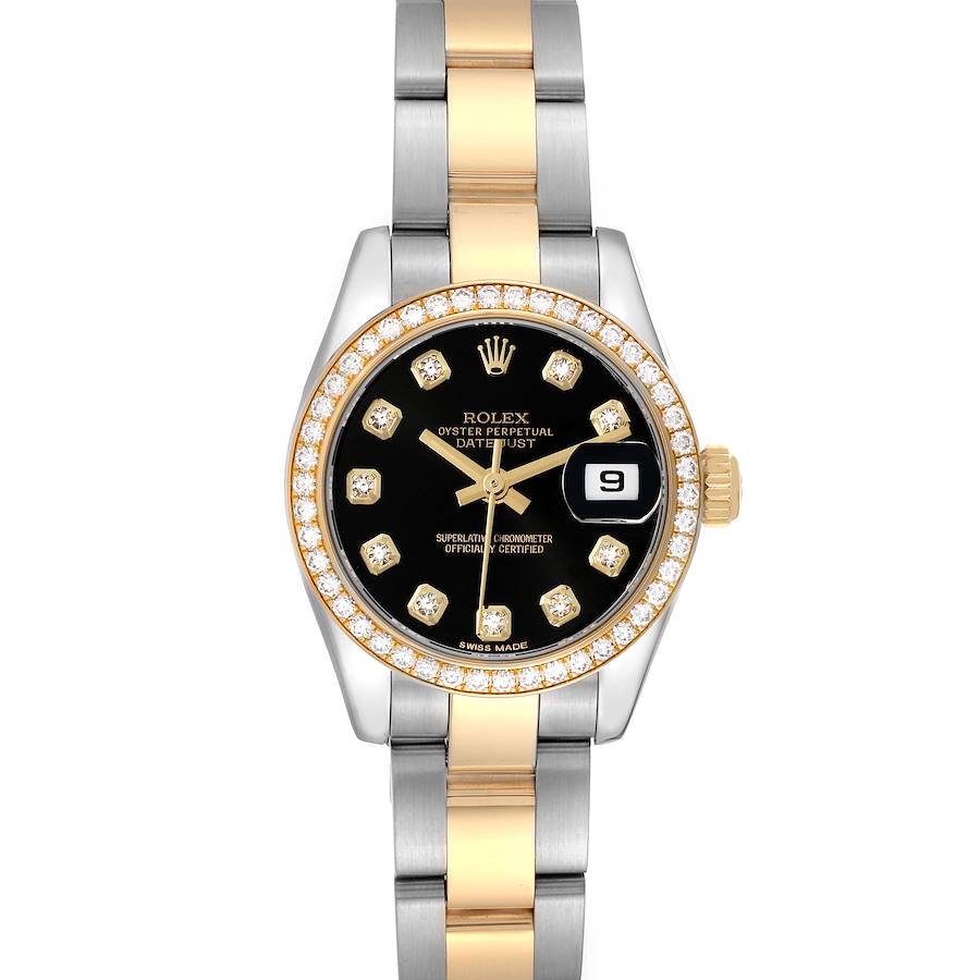 The image shows a front view of the Rolex Datejust watch featuring a black dial, diamond hour markers, and a two-tone bracelet.