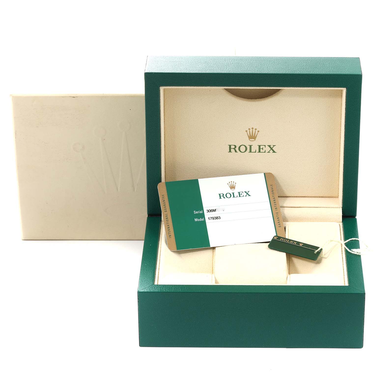 The image shows a Rolex Datejust 179383G Women's Steel and Gold (two tone) Black Dial 179383G Women's Steel and Gold (two tone) Black Dial watch box, guarantee card, and tag at a front-facing angle.