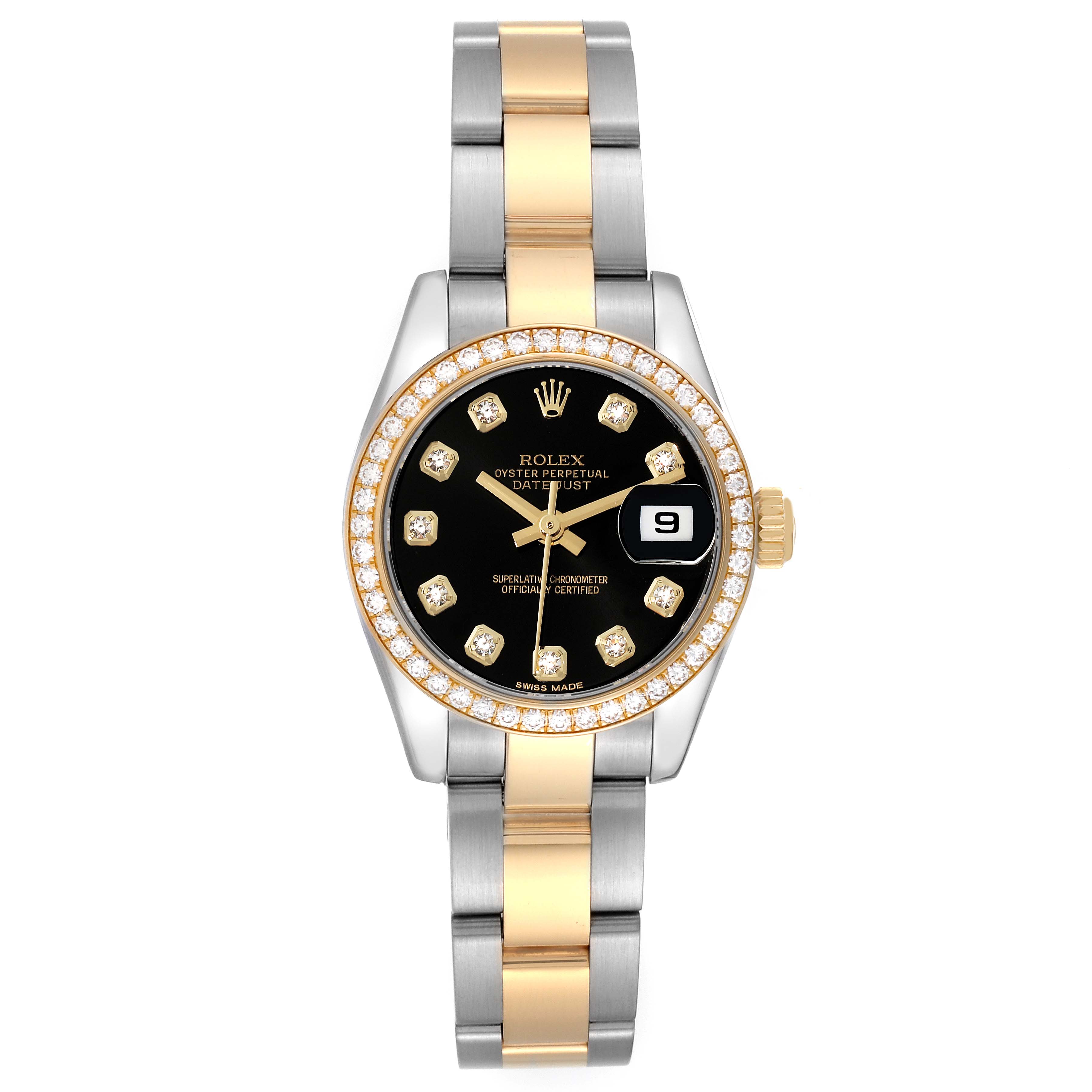 The image shows a Rolex Datejust 179383G Women's Steel and Gold (two tone) Black Dial 179383G Women's Steel and Gold (two tone) Black Dial watch from a top view, highlighting its diamond bezel, black dial, and two-tone bracelet.