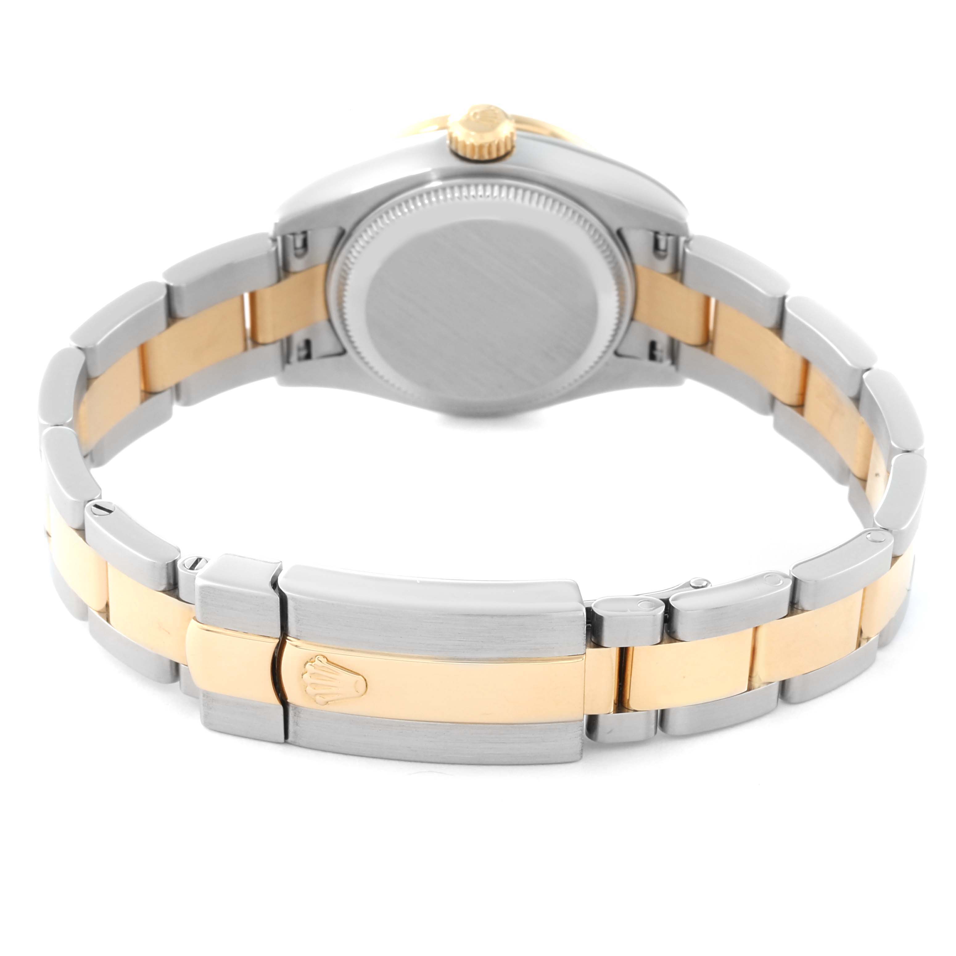 This image shows the back of the Rolex Datejust 179383G Women's Steel and Gold (two tone) Black Dial 179383G Women's Steel and Gold (two tone) Black Dial watch, highlighting its clasp and two-tone metal bracelet.