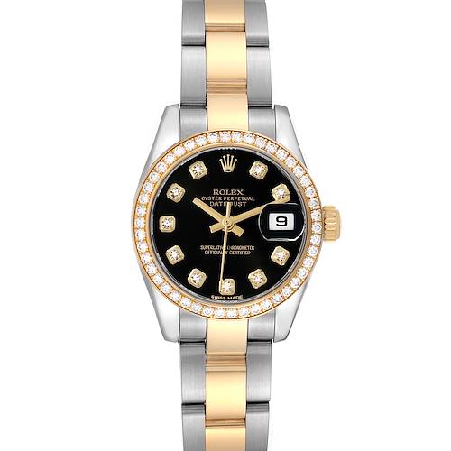 This image shows a front view of a Rolex Datejust watch featuring a black dial, diamond indices, and a two-tone bracelet.