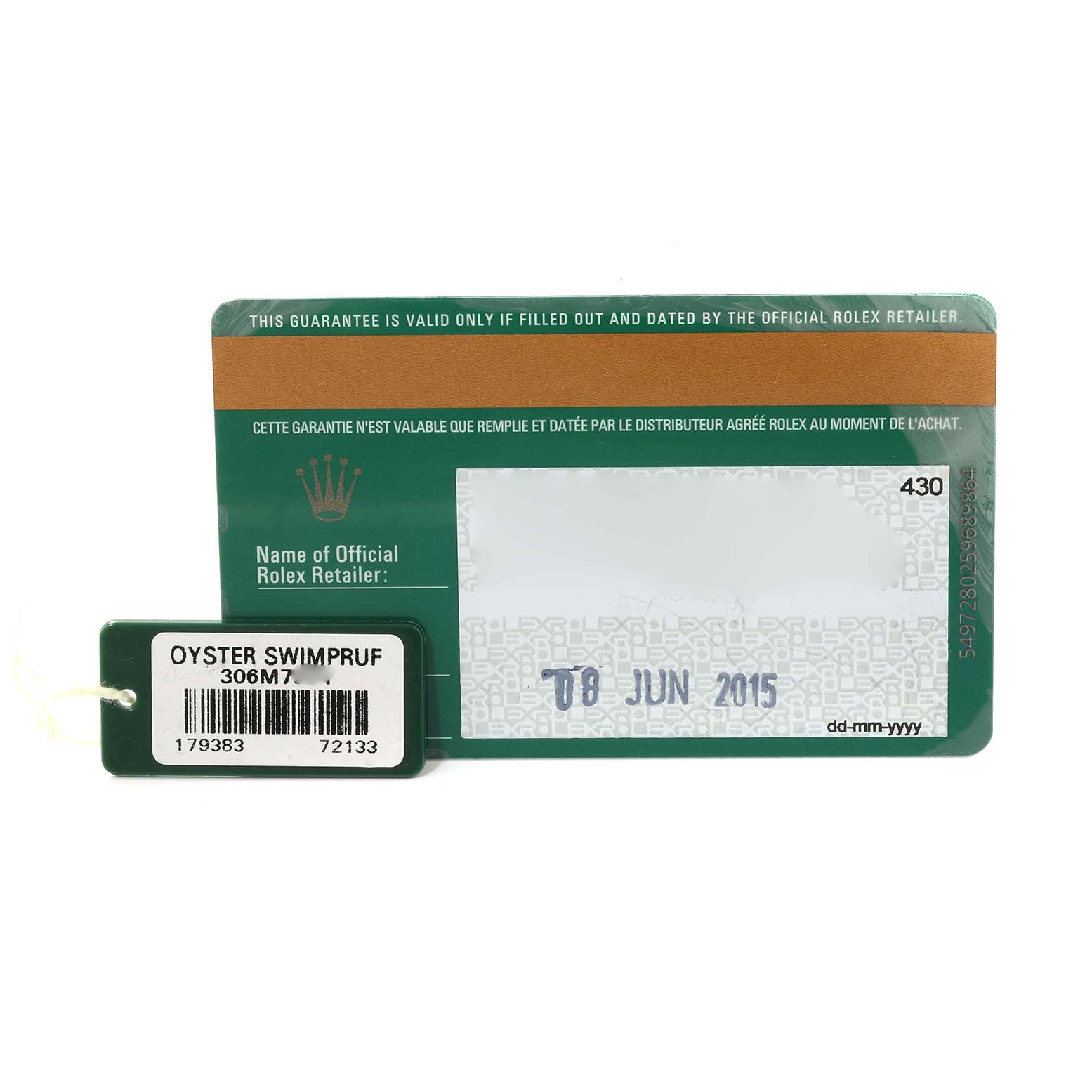 The image shows a warranty card and a tag for a Rolex Datejust 179383G Women's Steel and Gold (two tone) Black Dial 179383G Women's Steel and Gold (two tone) Black Dial watch, including the purchase date and model details.