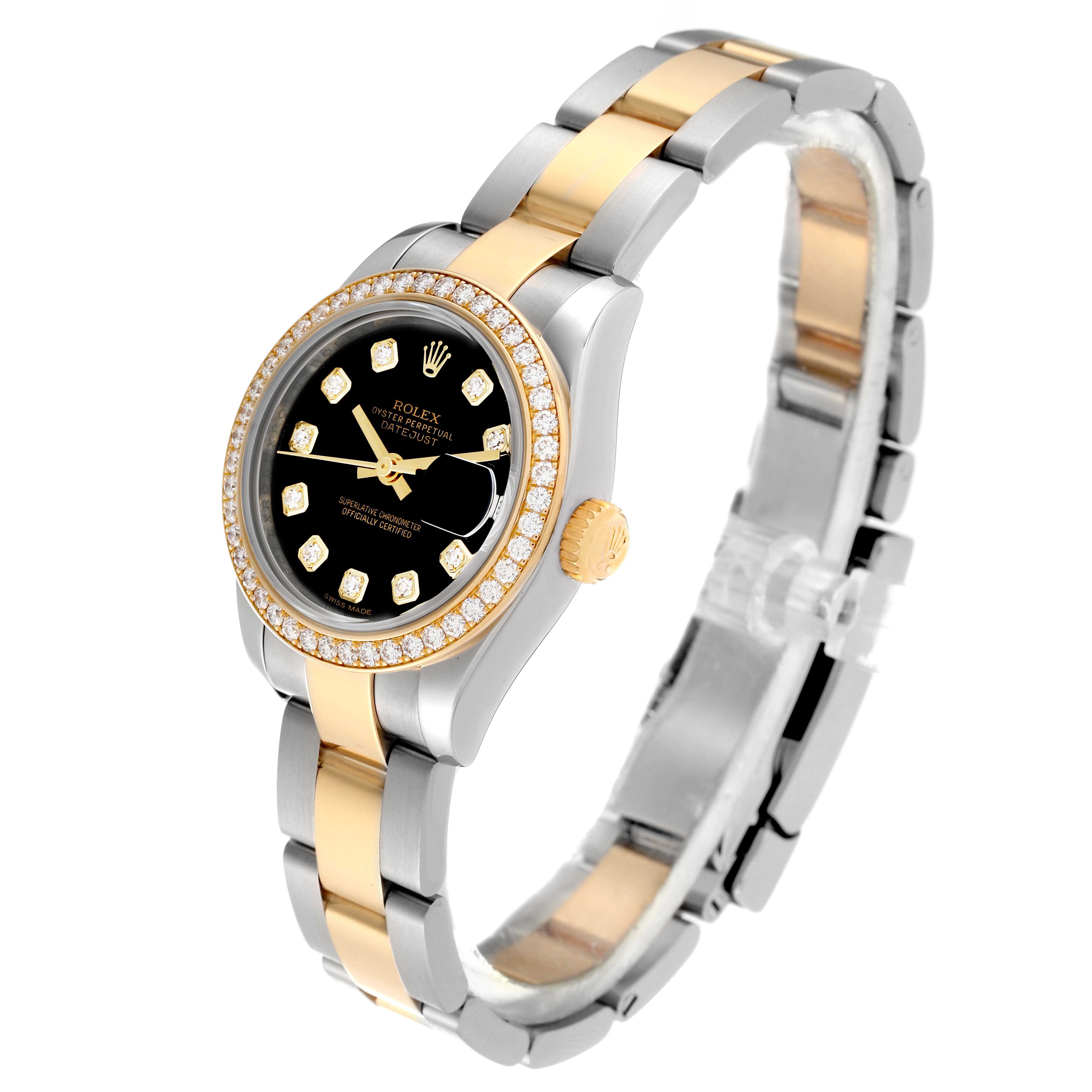 The image shows a Rolex Datejust 179383G Women's Steel and Gold (two tone) Black Dial 179383G Women's Steel and Gold (two tone) Black Dial watch at a slight angle, highlighting the black dial, diamond bezel, and two-tone bracelet.