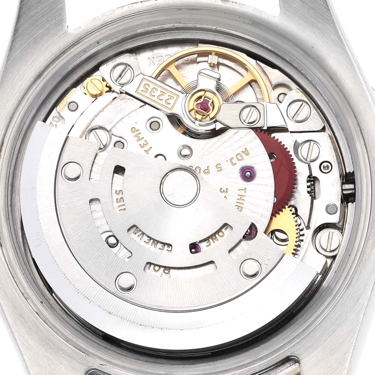 The image shows the mechanical movement and inner components of a Rolex Datejust 179383G Women's Steel and Gold (two tone) Black Dial 179383G Women's Steel and Gold (two tone) Black Dial watch from a back angle.