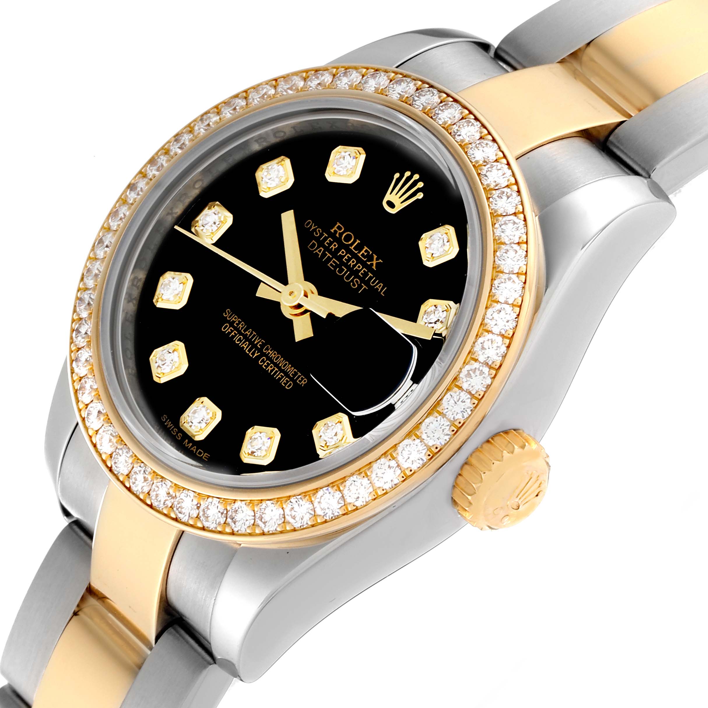 This image shows a close-up angled view of a Rolex Datejust 179383G Women's Steel and Gold (two tone) Black Dial 179383G Women's Steel and Gold (two tone) Black Dial, highlighting its diamond bezel, black dial, and two-tone bracelet.