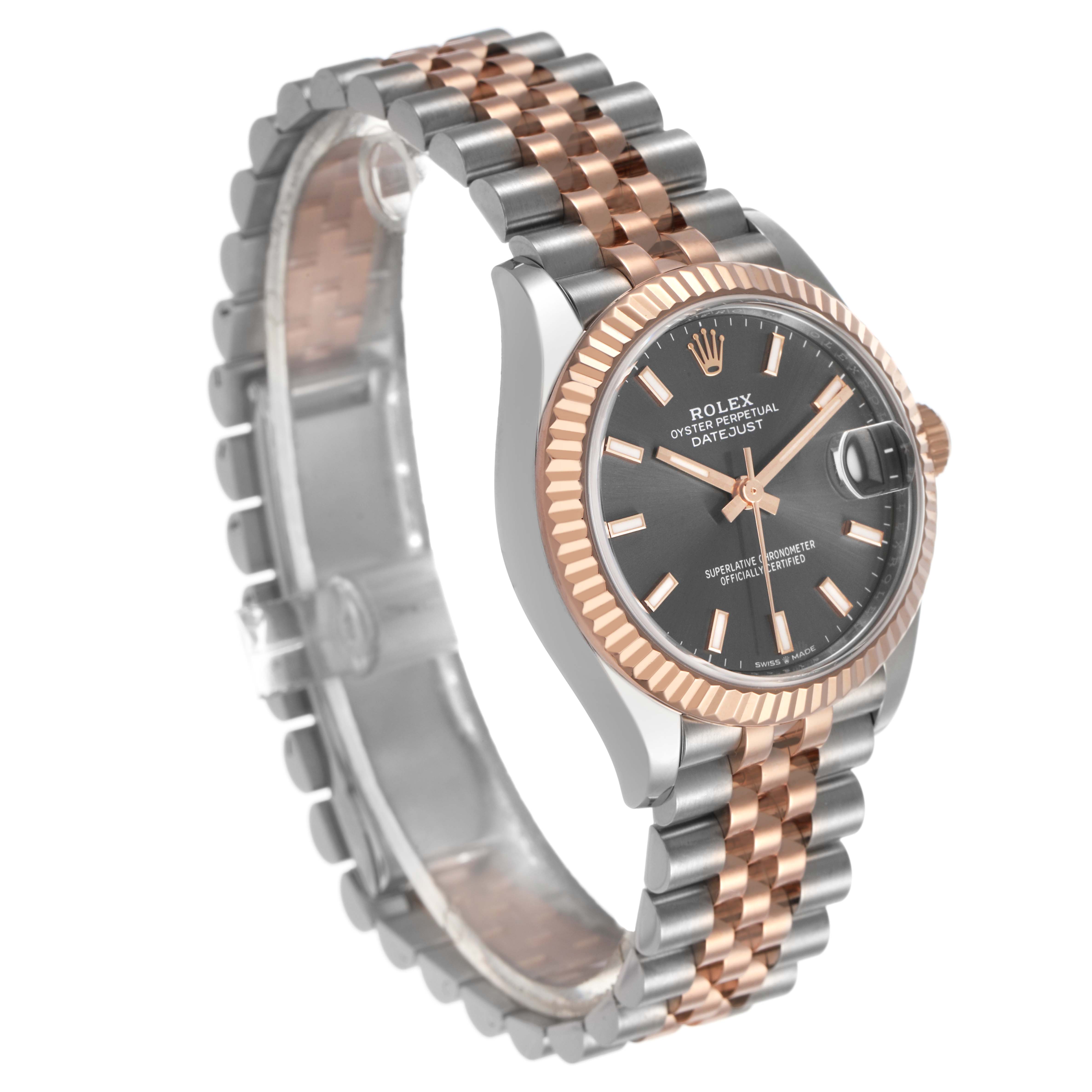 The Rolex Mid-Size 278271 Women's Steel and Gold (two tone) Grey Dial model is shown at a three-quarter angle, featuring the face, case, bezel, and bracelet.