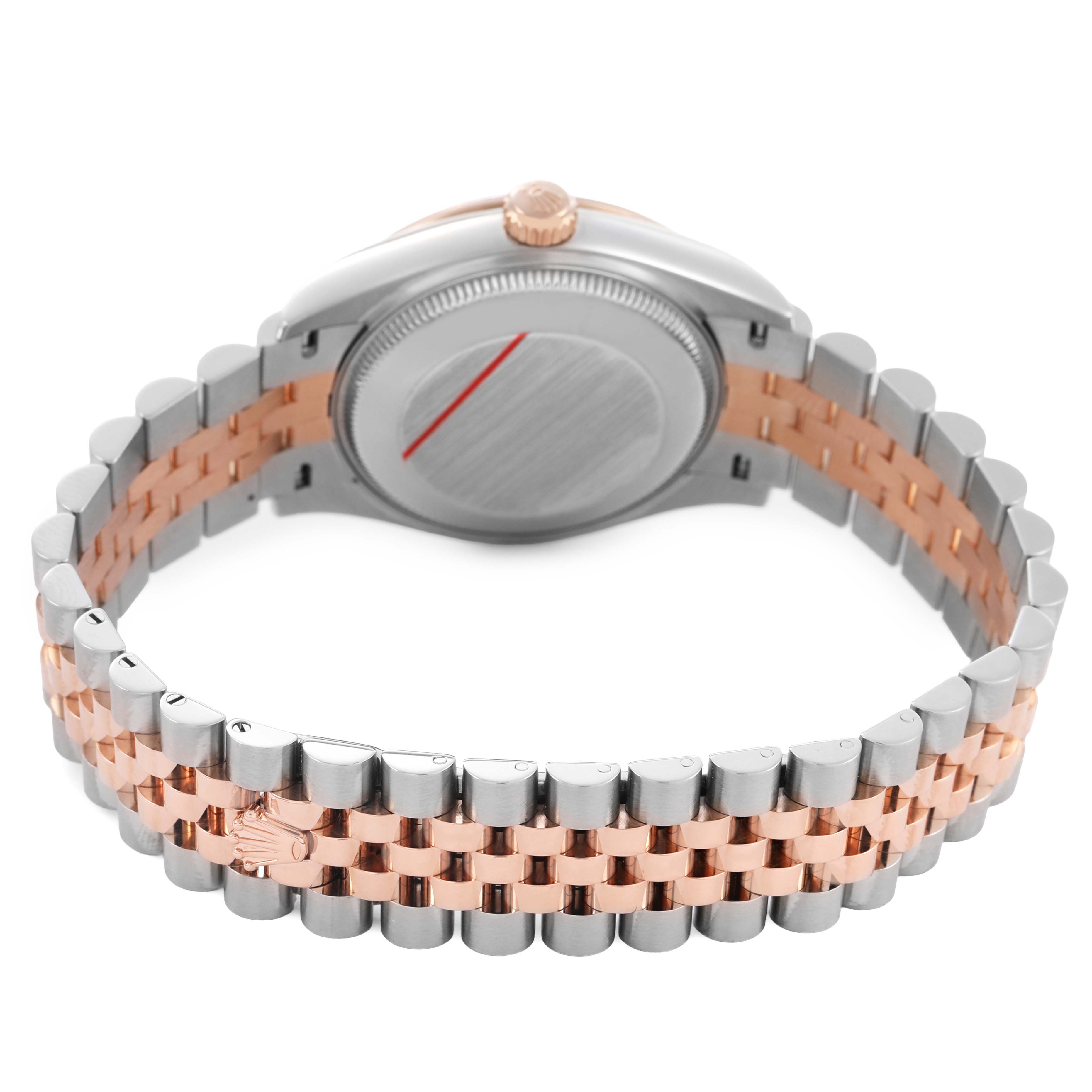 The image shows the back view of a Rolex Mid-Size 278271 Women's Steel and Gold (two tone) Grey Dial watch, highlighting its two-tone bracelet and clasp.