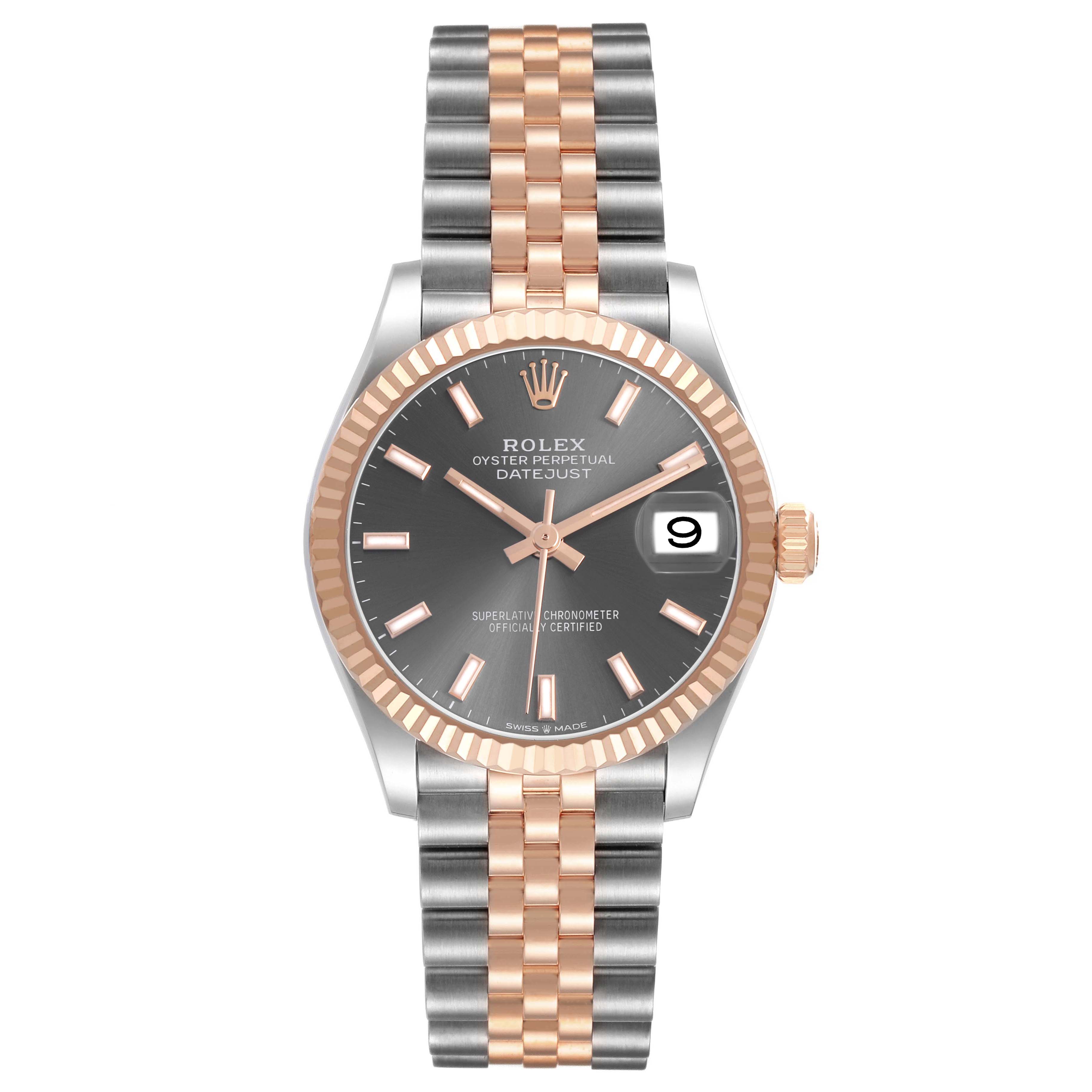 The Rolex Mid-Size 278271 Women's Steel and Gold (two tone) Grey Dial model is shown from the front, displaying its dial, bezel, and Jubilee bracelet.