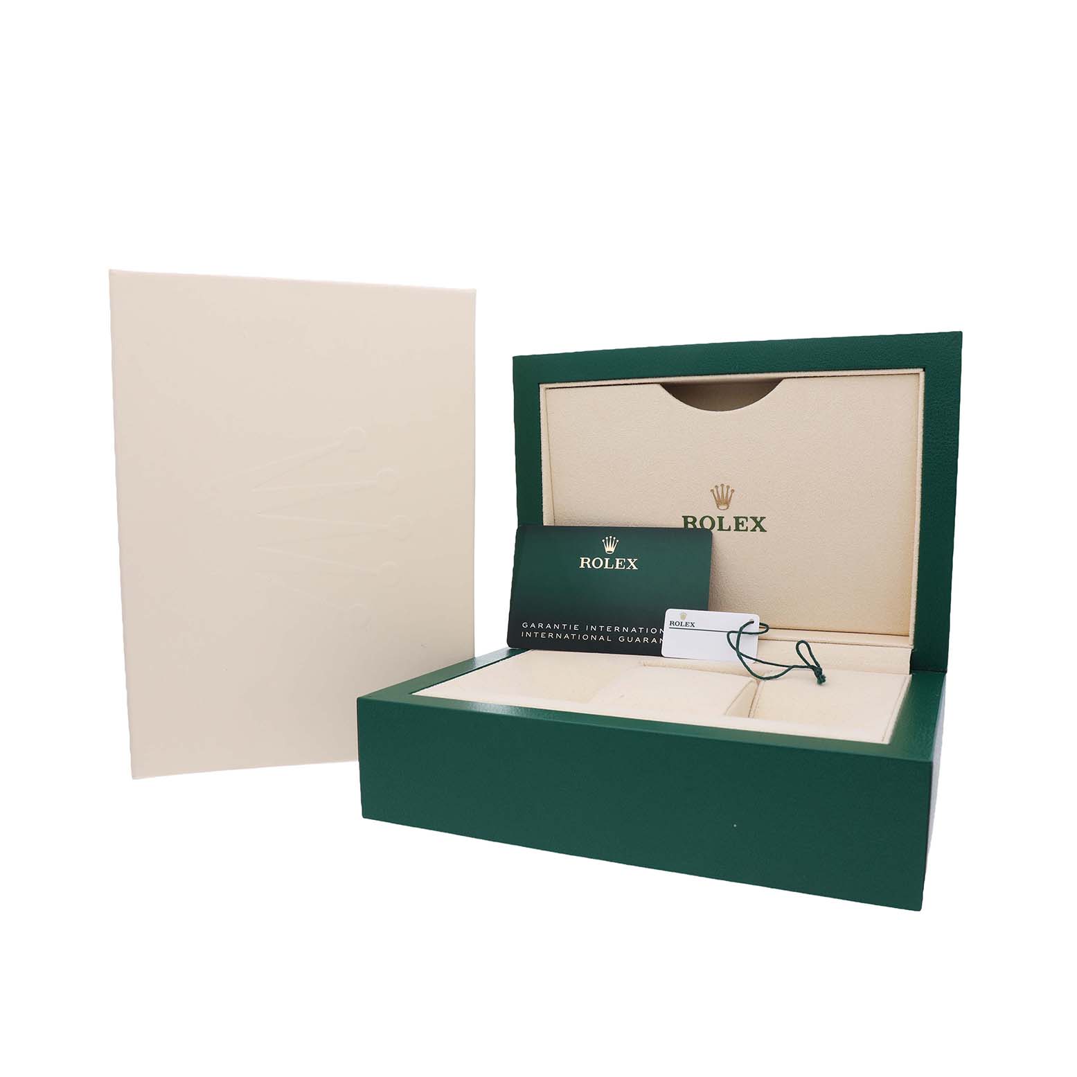 The image shows a Rolex Mid-Size 278271 Women's Steel and Gold (two tone) Grey Dial watch box with warranty card, booklet, and tag, viewed from the front.