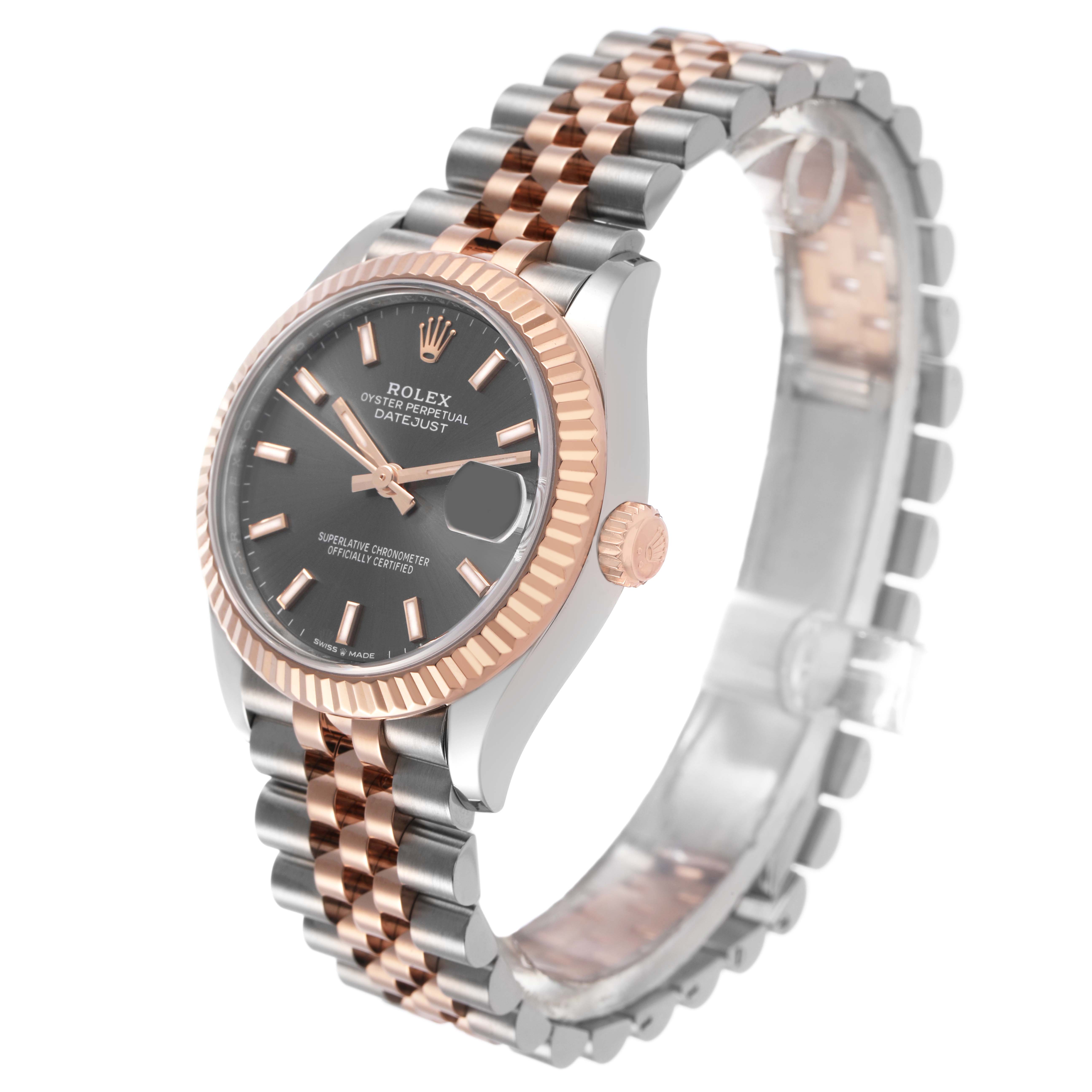 The Rolex Mid-Size 278271 Women's Steel and Gold (two tone) Grey Dial watch is shown at a slight angled view, displaying the dial, bezel, crown, and bracelet.
