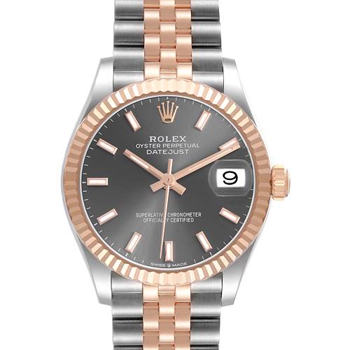 The Rolex Mid-Size 278271 Women's Steel and Gold (two tone) Grey Dial Datejust watch is shown from a front angle, displaying the face, fluted bezel, crown, and bracelet.