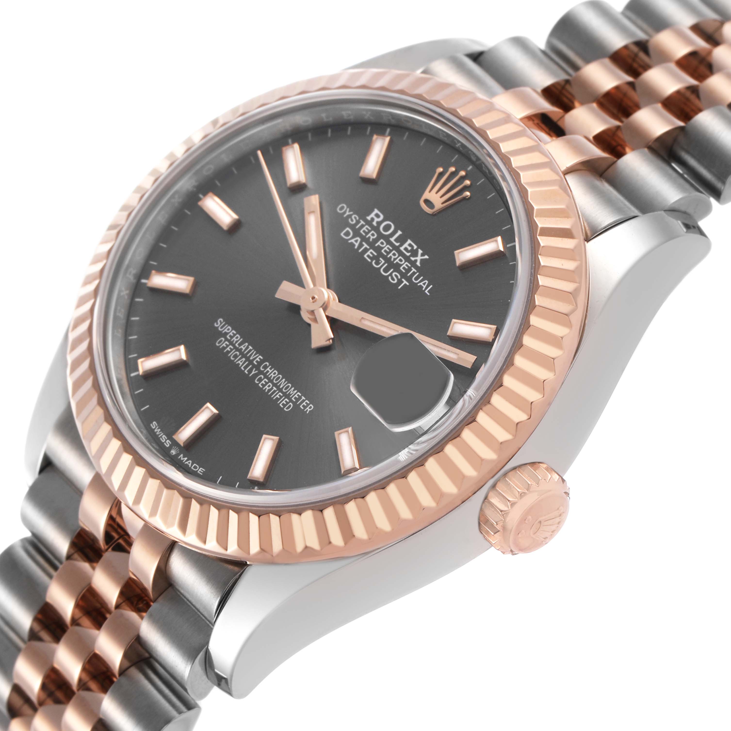 The Rolex Mid-Size 278271 Women's Steel and Gold (two tone) Grey Dial watch is shown at a side angle, highlighting its bezel, crown, and Jubilee bracelet.