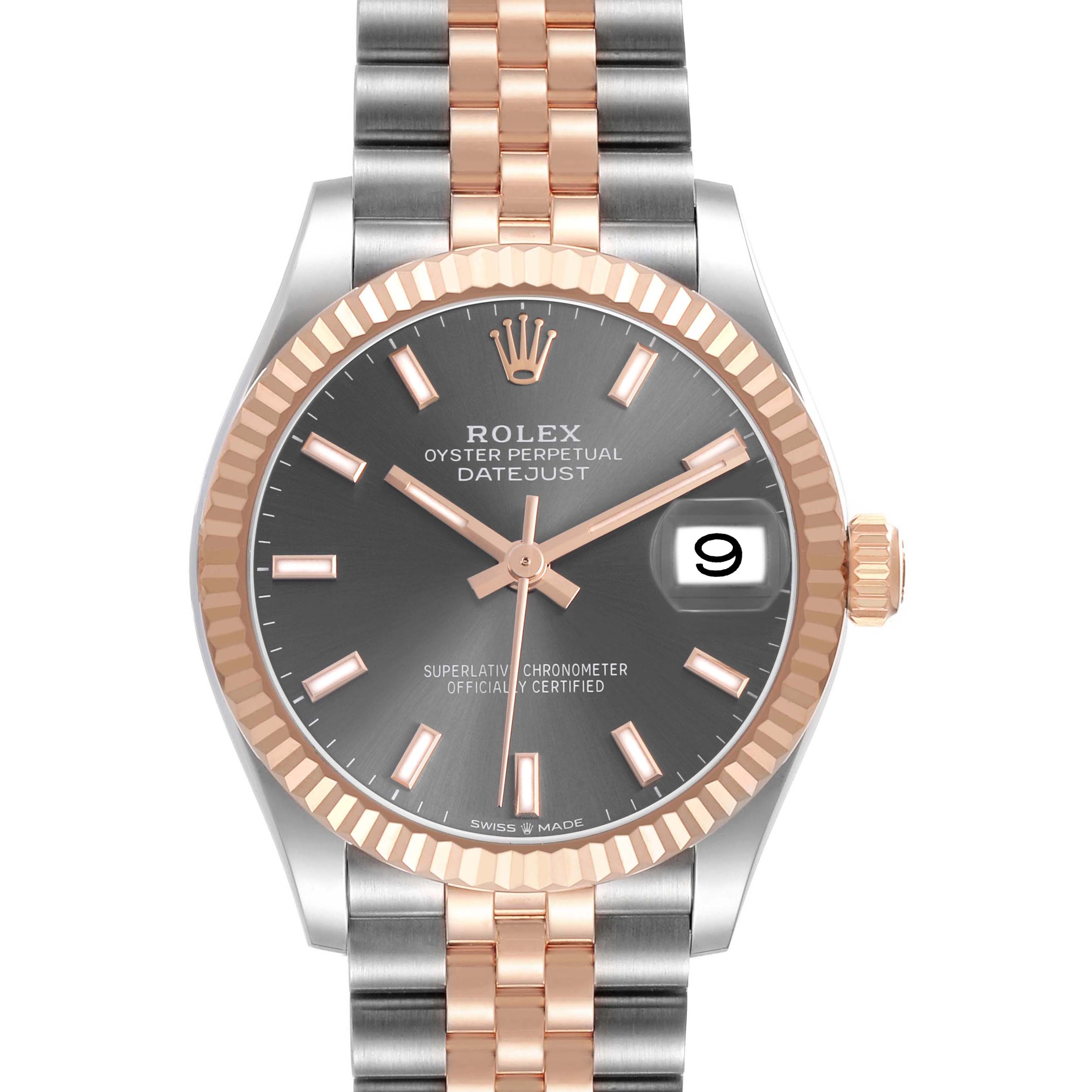 The Rolex Datejust Mid-Size watch is shown from the front, displaying the dial, case, bezel, and part of the bracelet.