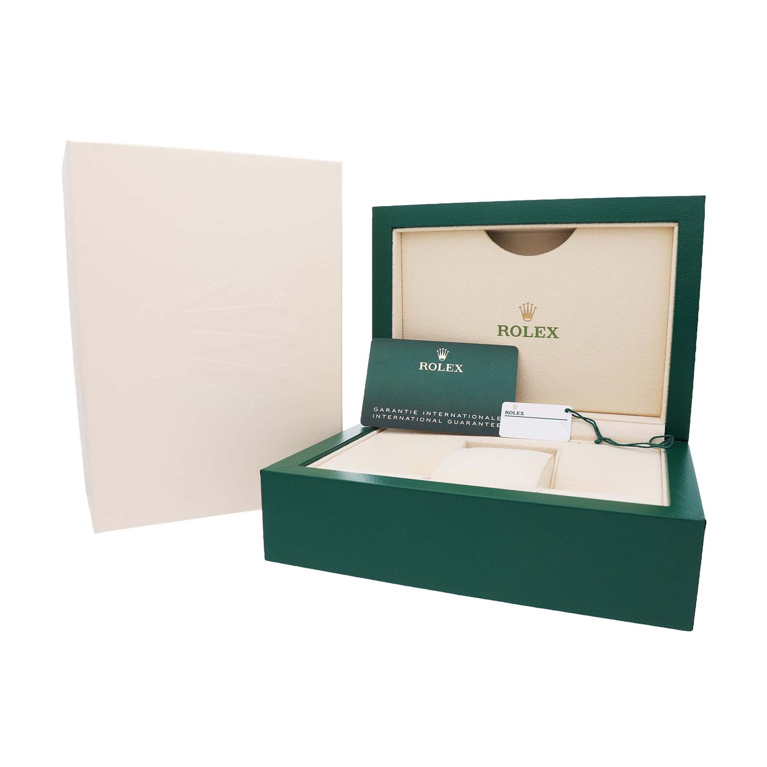The image shows a Rolex Mid-Size 278271 Women's Steel and Gold (two tone) Pink Dial watch box open, displaying warranty booklet and hang tag.