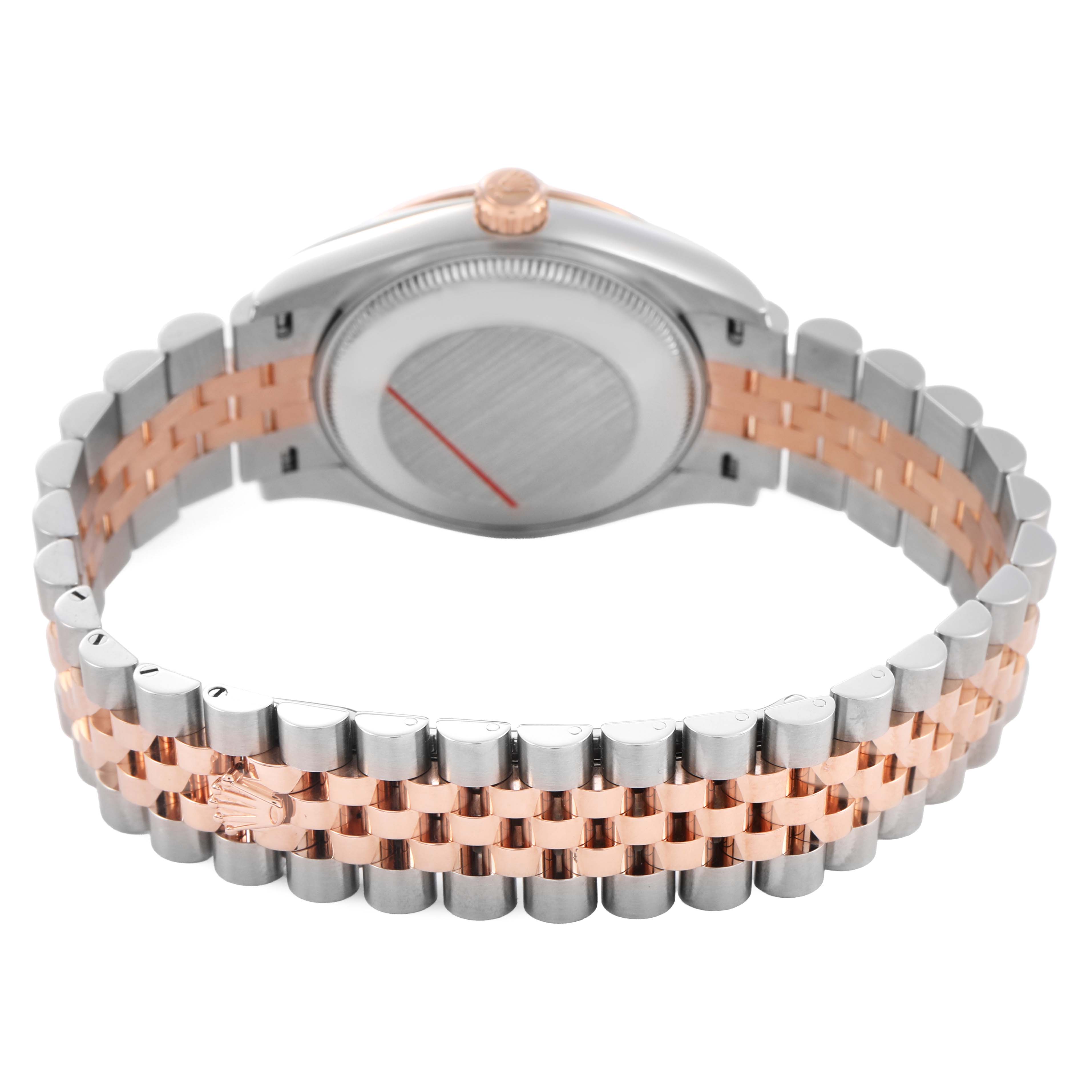 The image shows the back view of a Rolex Mid-Size 278271 Women's Steel and Gold (two tone) Pink Dial watch, highlighting its two-tone bracelet and caseback.