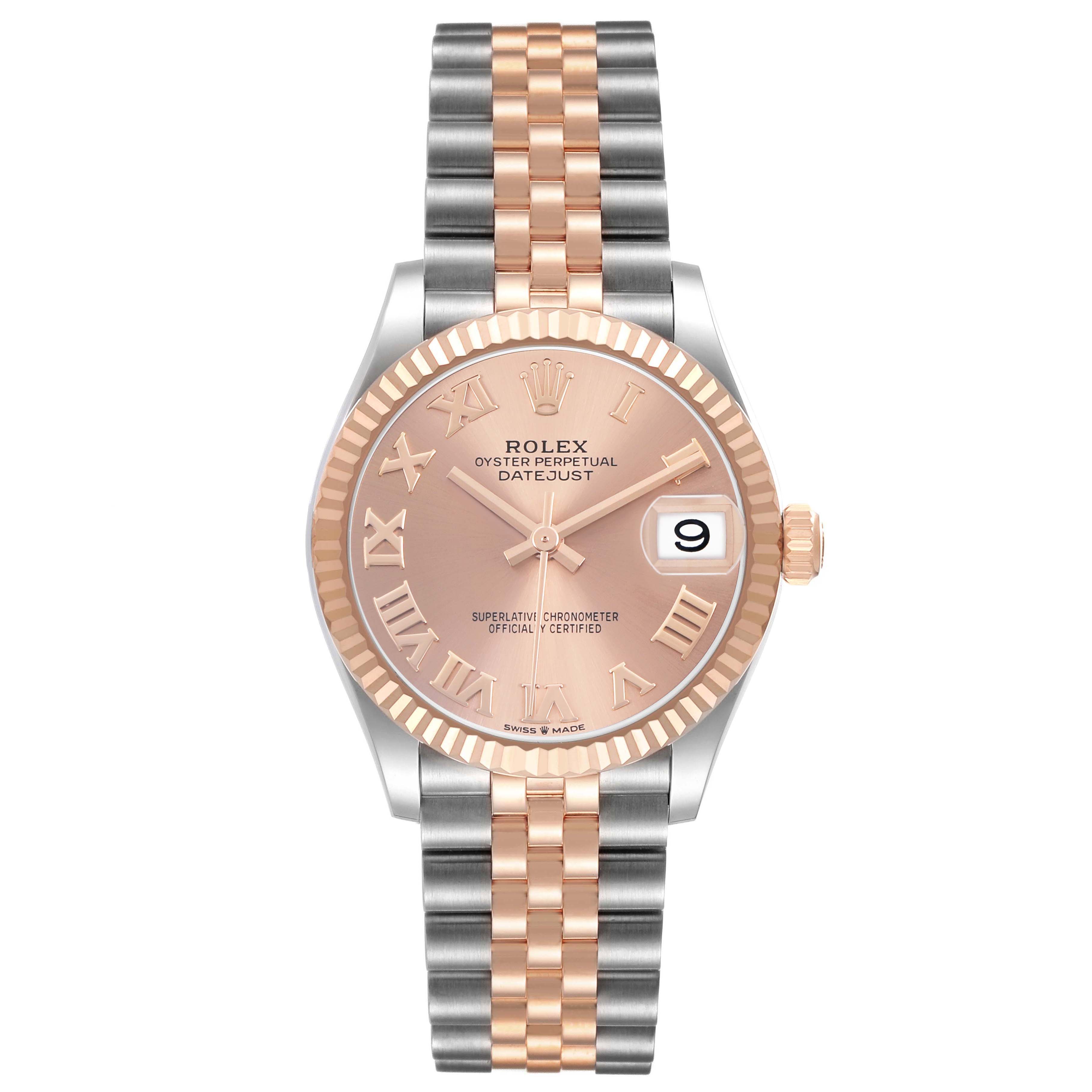 The Rolex Mid-Size 278271 Women's Steel and Gold (two tone) Pink Dial Datejust watch is shown from a top view, displaying the face, bracelet, bezel, and crown.