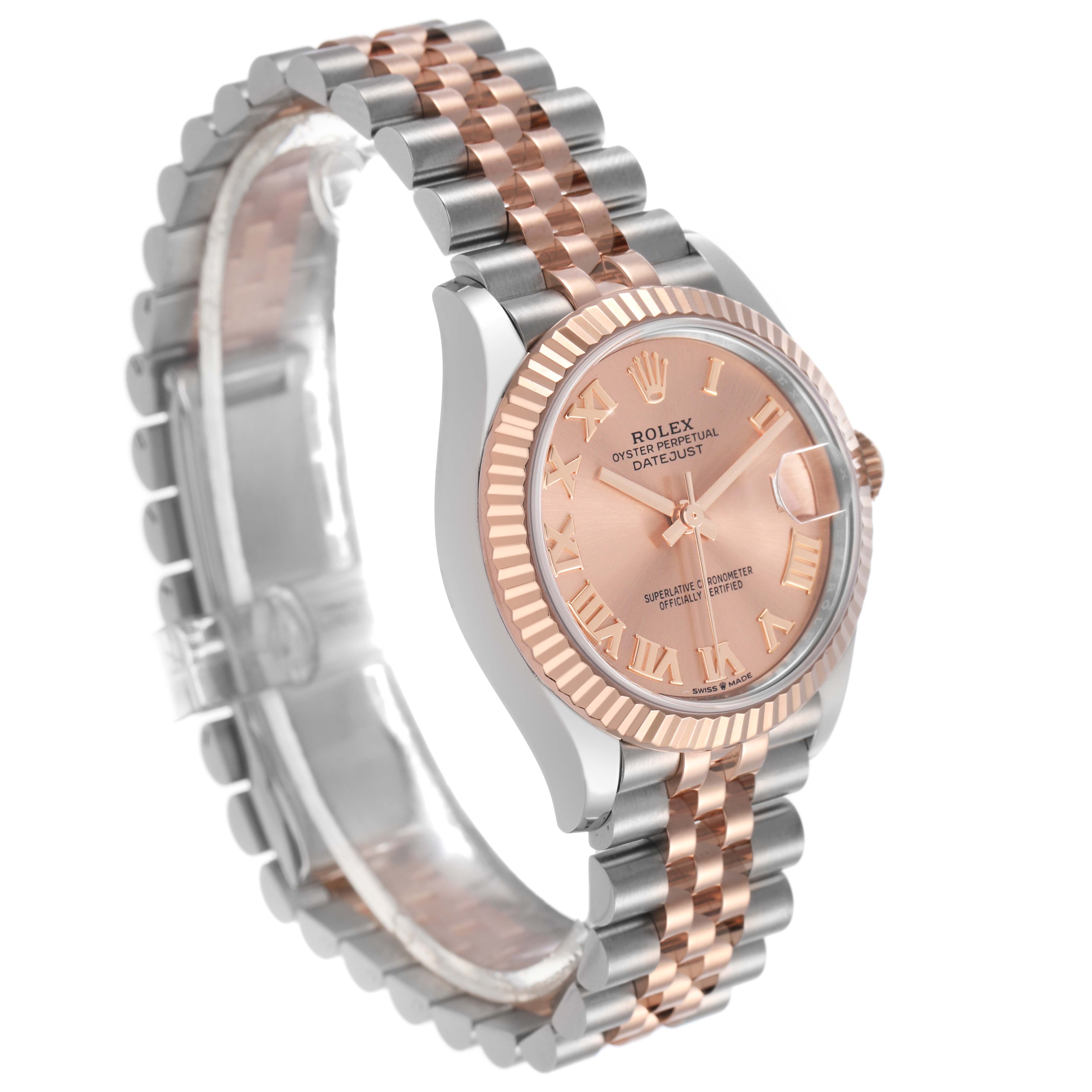 The Rolex Mid-Size 278271 Women's Steel and Gold (two tone) Pink Dial watch is angled to show the face, bezel, and part of the two-tone bracelet.