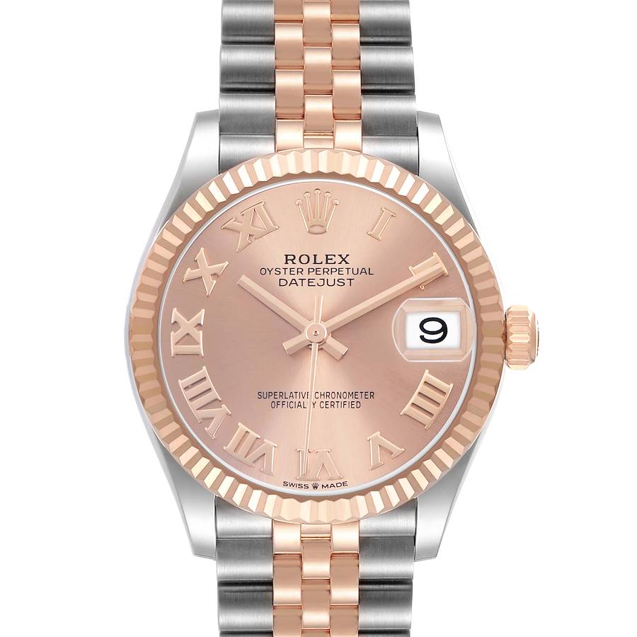 The image shows a frontal view of a Rolex Datejust Mid-Size, highlighting the dial, fluted bezel, and two-tone bracelet.