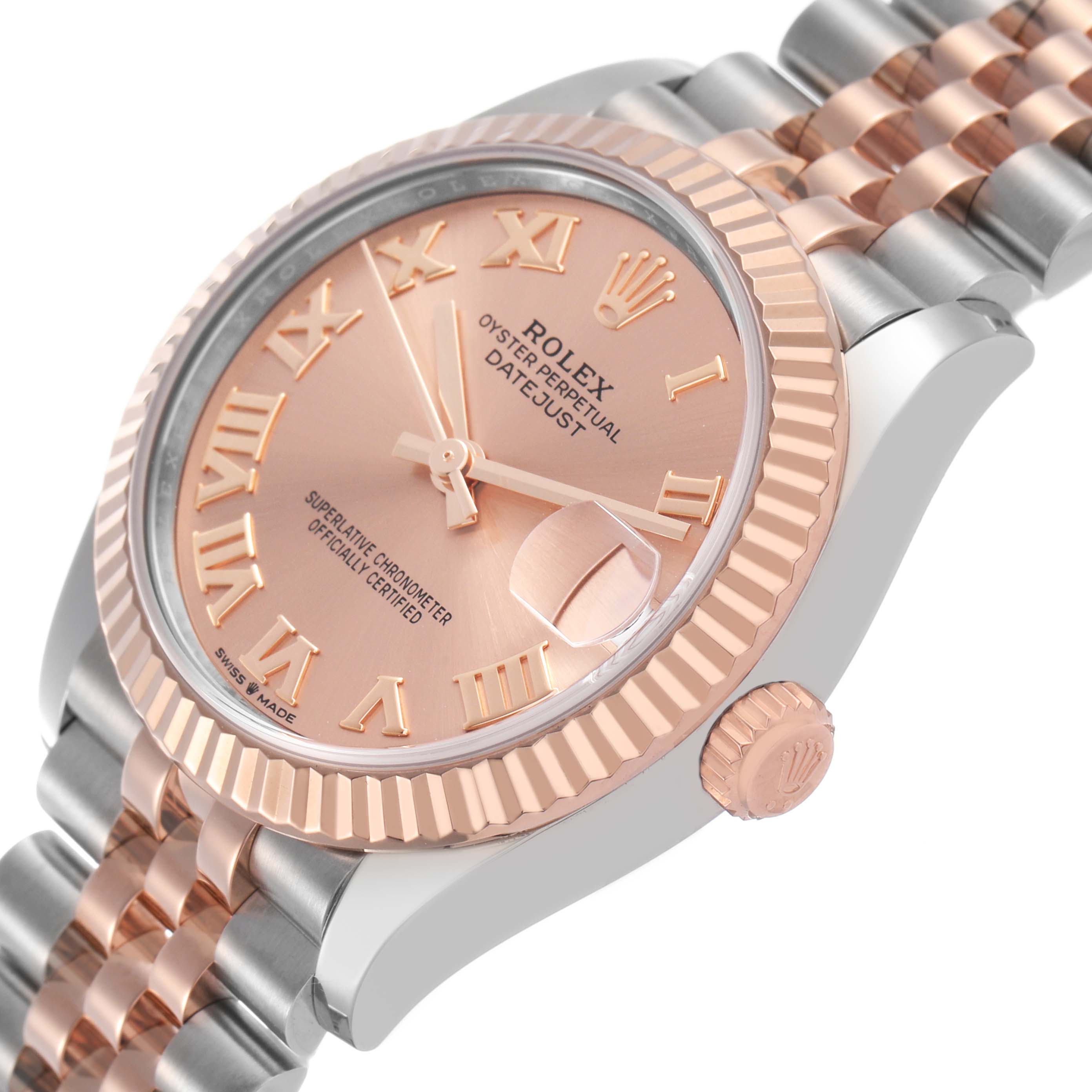 The Rolex Mid-Size 278271 Women's Steel and Gold (two tone) Pink Dial watch is shown at an angled view, highlighting the dial, bezel, bracelet, and crown.