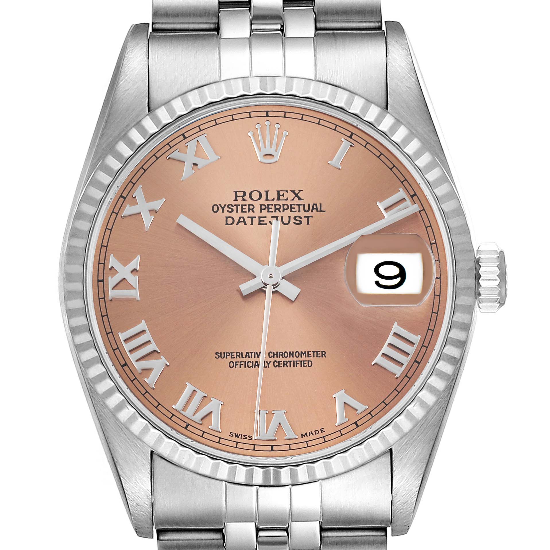 This image shows a front view of a Rolex Datejust 16234 Men
s Stainless Steel Pink Dial 16234 Men
s Stainless Steel Pink Dial watch with a pink dial and Roman numerals.
