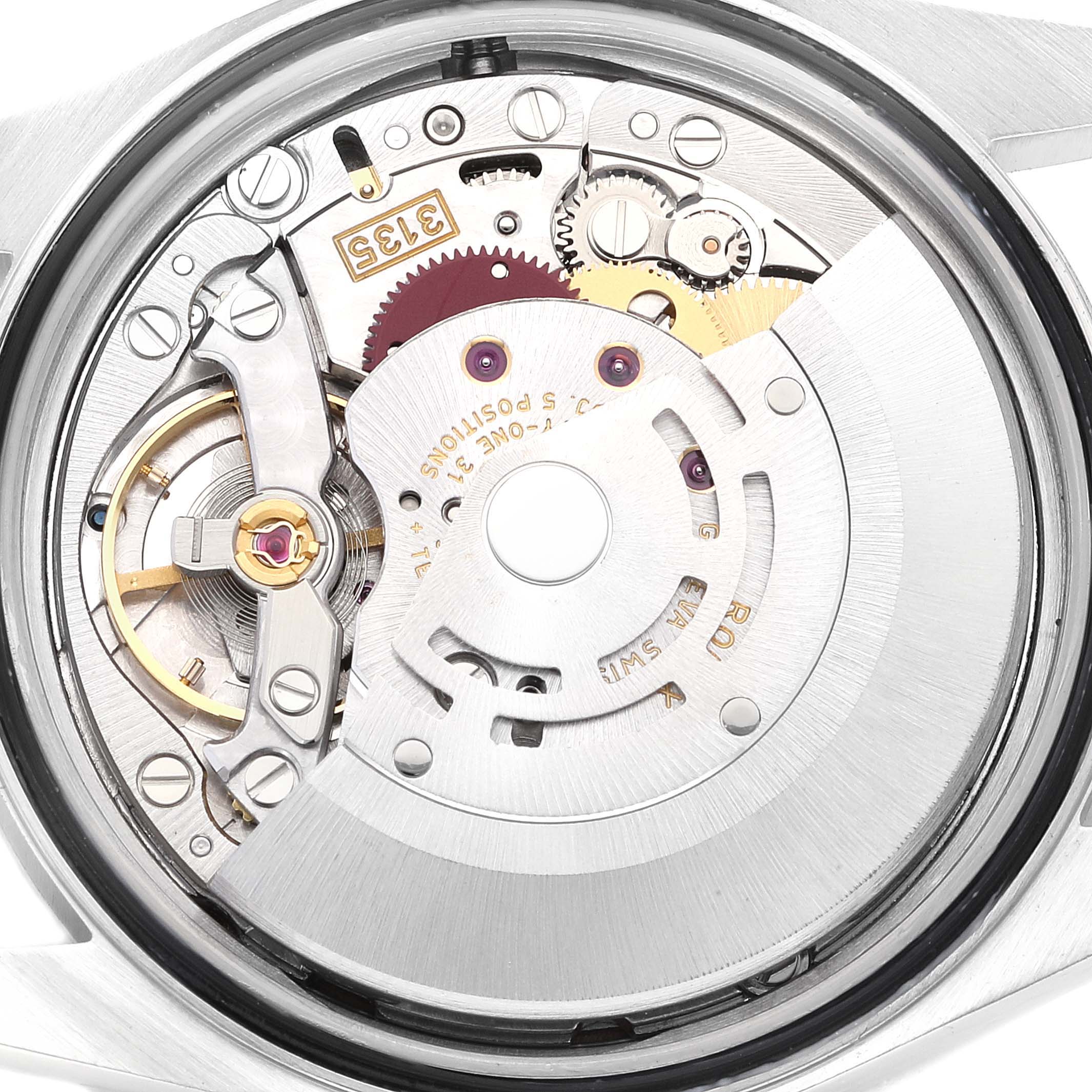 This image shows a close-up of the Rolex Datejust 16234 Men
s Stainless Steel Pink Dial 16234 Men
s Stainless Steel Pink Dial watch movement from the back, revealing its intricate gears and components.