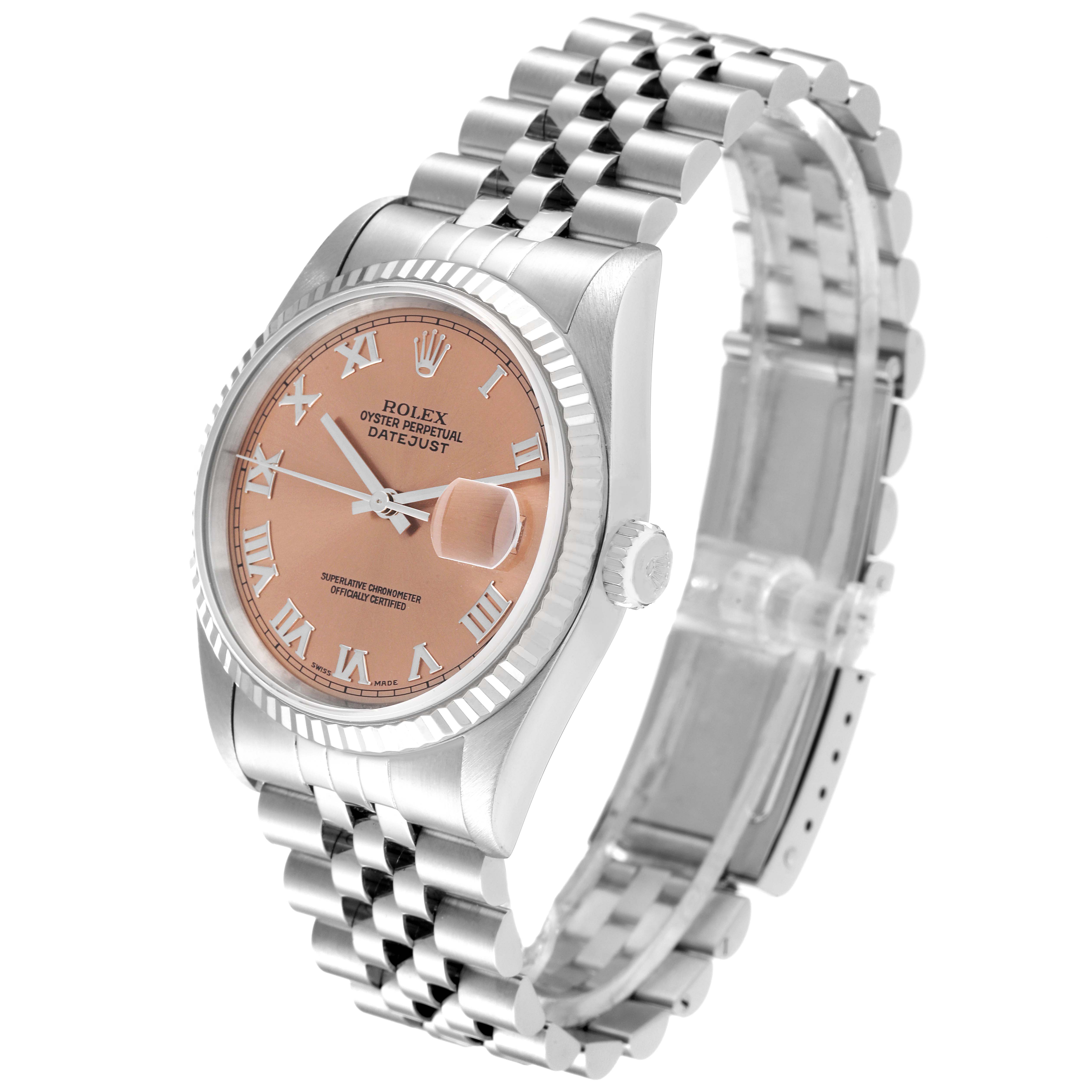 The watch is a Rolex Datejust 16234 Men
s Stainless Steel Pink Dial 16234 Men
s Stainless Steel Pink Dial model, shown at an angled view displaying its dial, bezel, crown, and jubilee bracelet.