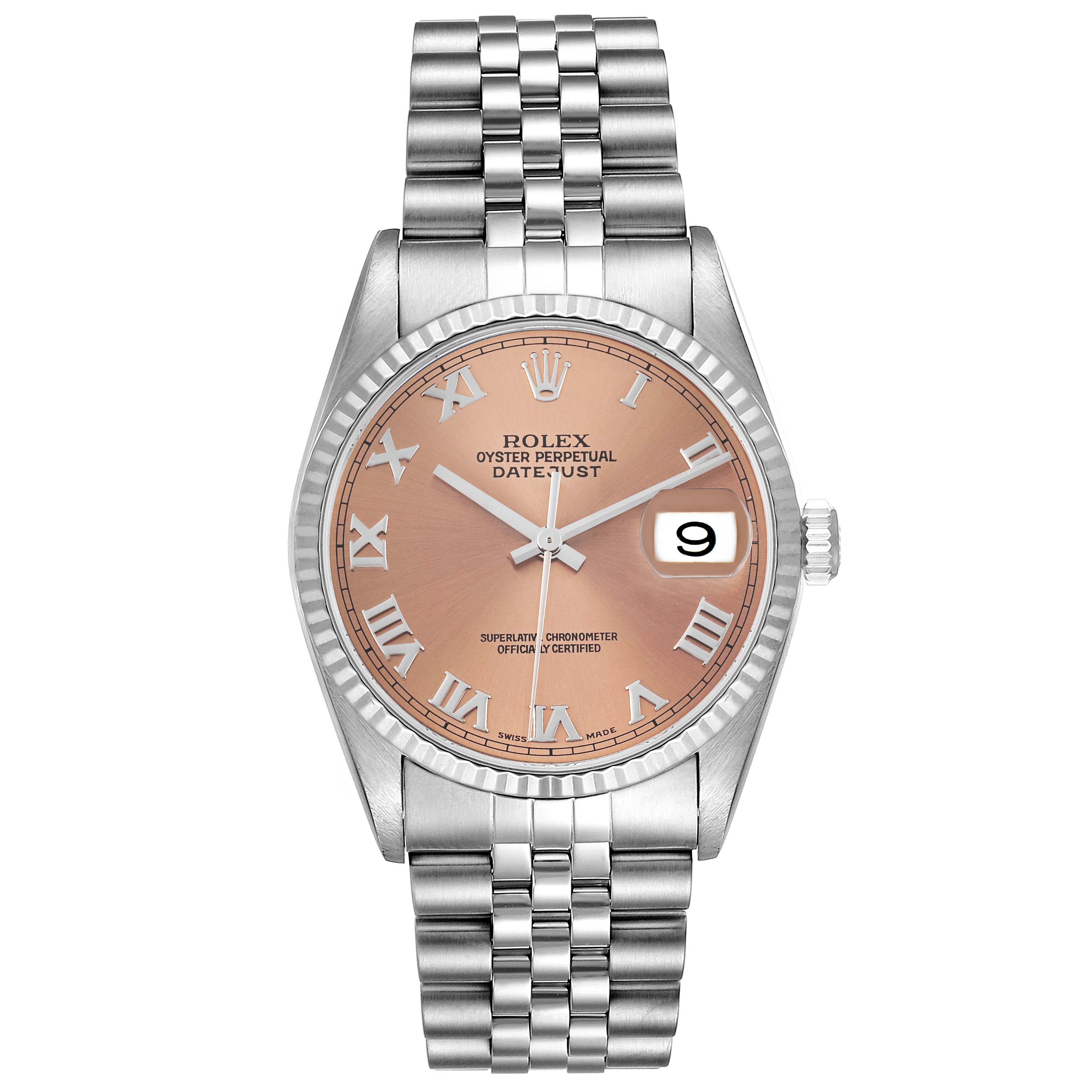 This image shows a Rolex Datejust 16234 Men
s Stainless Steel Pink Dial 16234 Men
s Stainless Steel Pink Dial watch from a front angle, highlighting its face, bezel, crown, and bracelet.