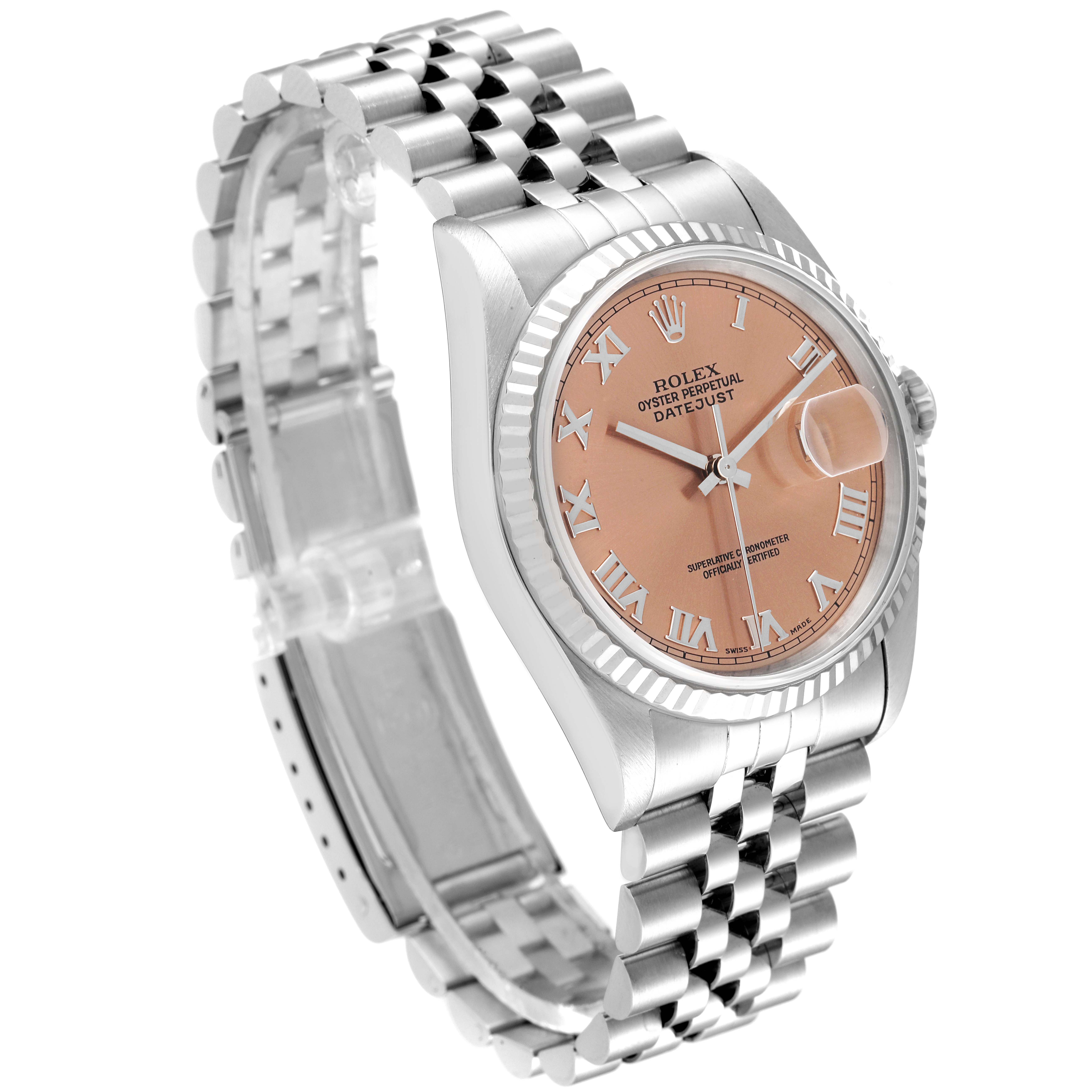 This image shows a Rolex Datejust 16234 Men
s Stainless Steel Pink Dial 16234 Men
s Stainless Steel Pink Dial watch at an oblique angle, highlighting the face, bezel, and part of the bracelet.
