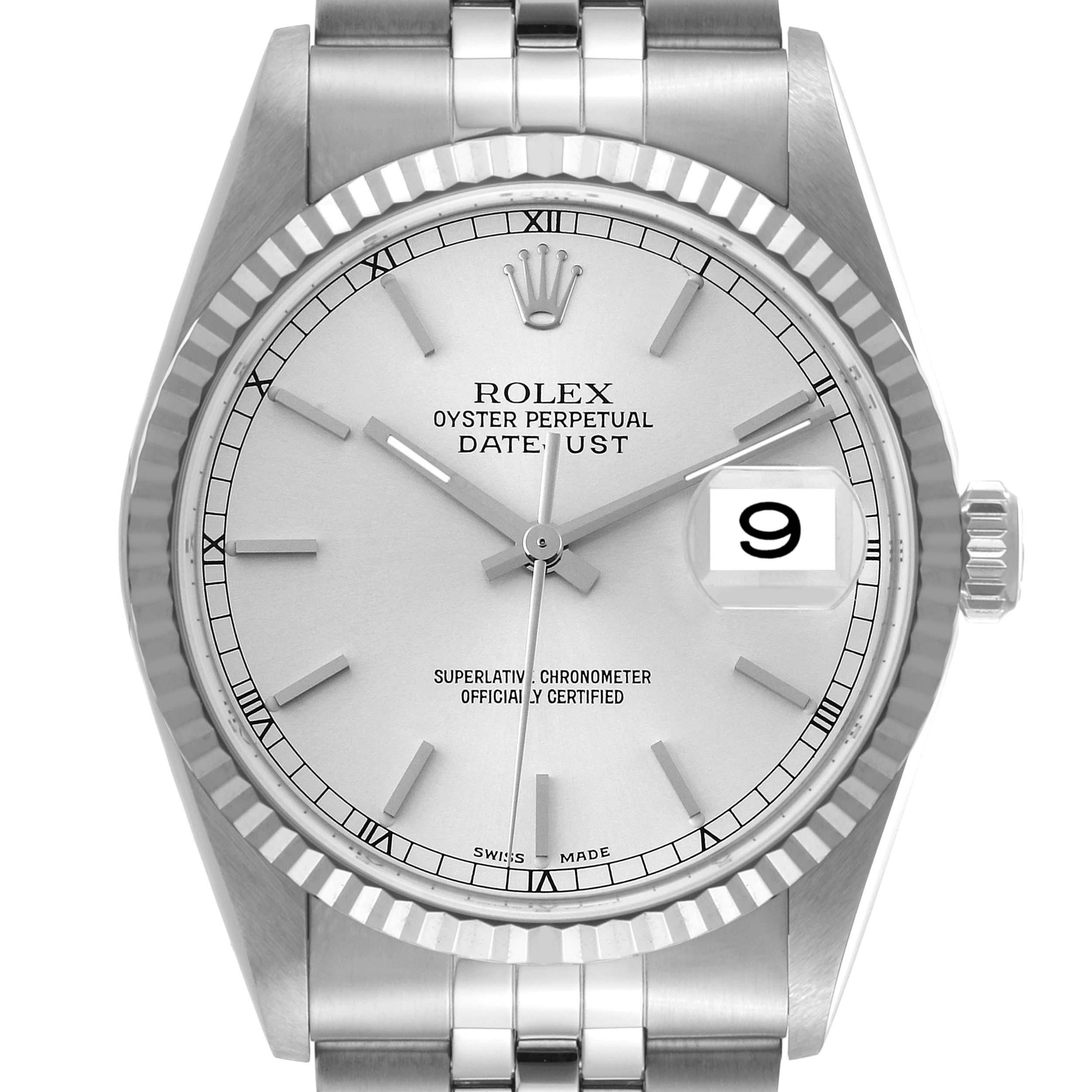 The image shows a front view of the Rolex Datejust 16234 Men's Stainless Steel Silver Dial 16234 Men's Stainless Steel Silver Dial watch, featuring the dial, bezel, hands, date window, and part of the bracelet.