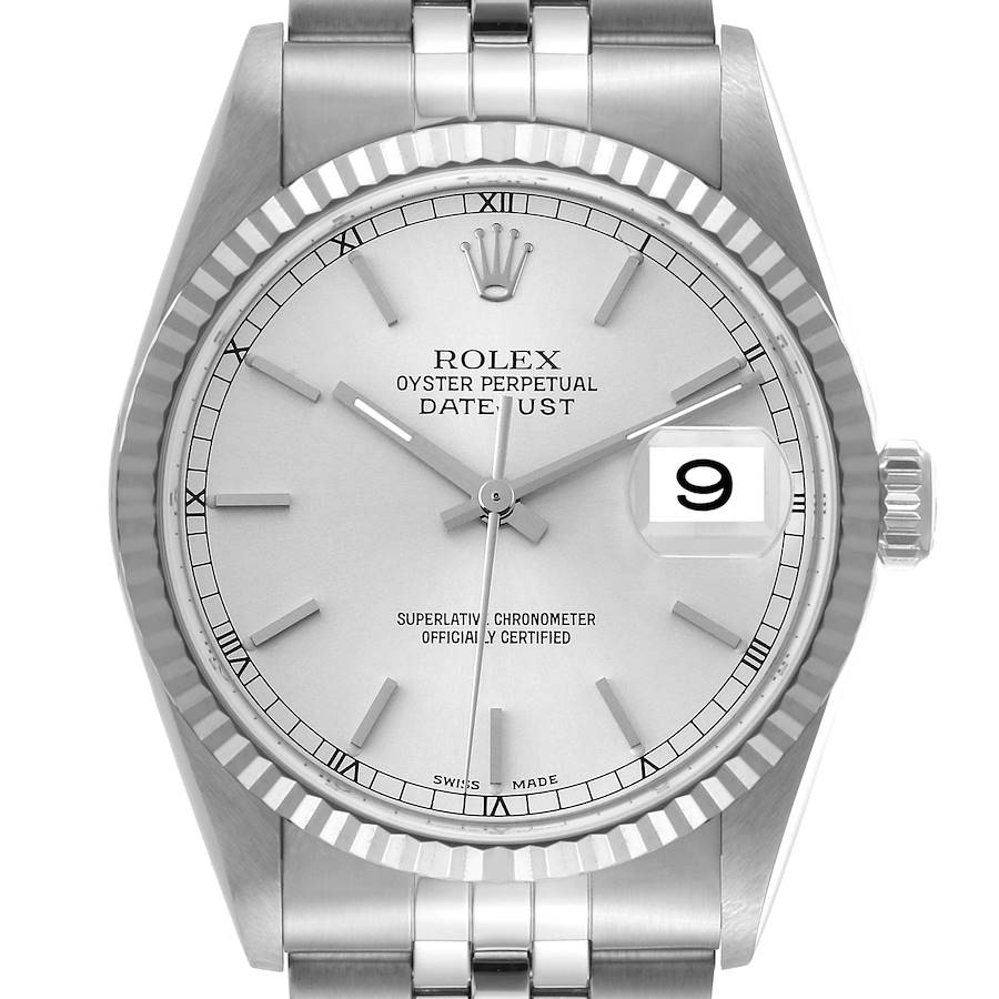 The image shows a front view of the Rolex Datejust watch, featuring the dial, bezel, hands, date window, and part of the bracelet.