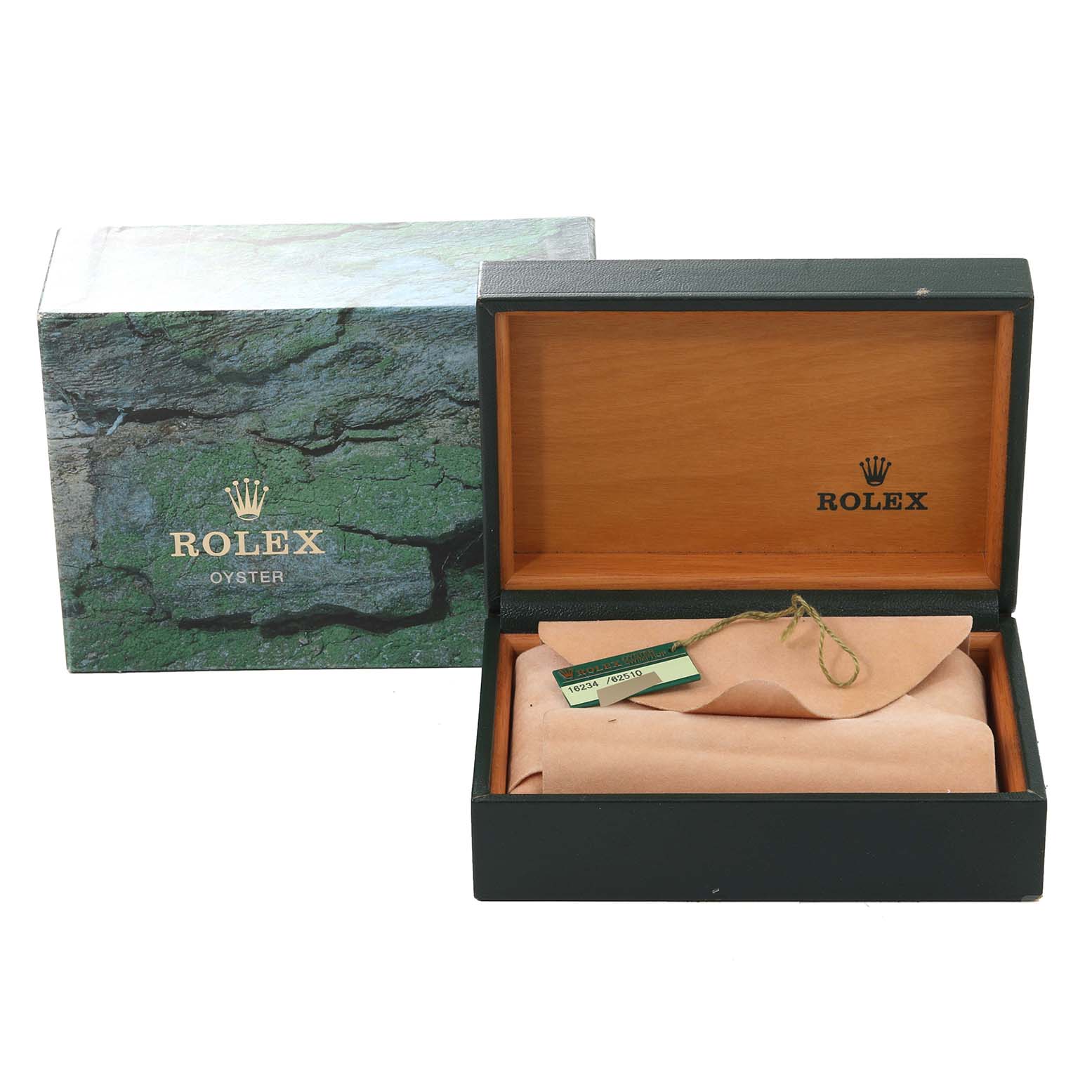 The image shows a Rolex Datejust 16234 Men's Stainless Steel Silver Dial 16234 Men's Stainless Steel Silver Dial watch box and pillow, with the packaging materials visible from a front angle.