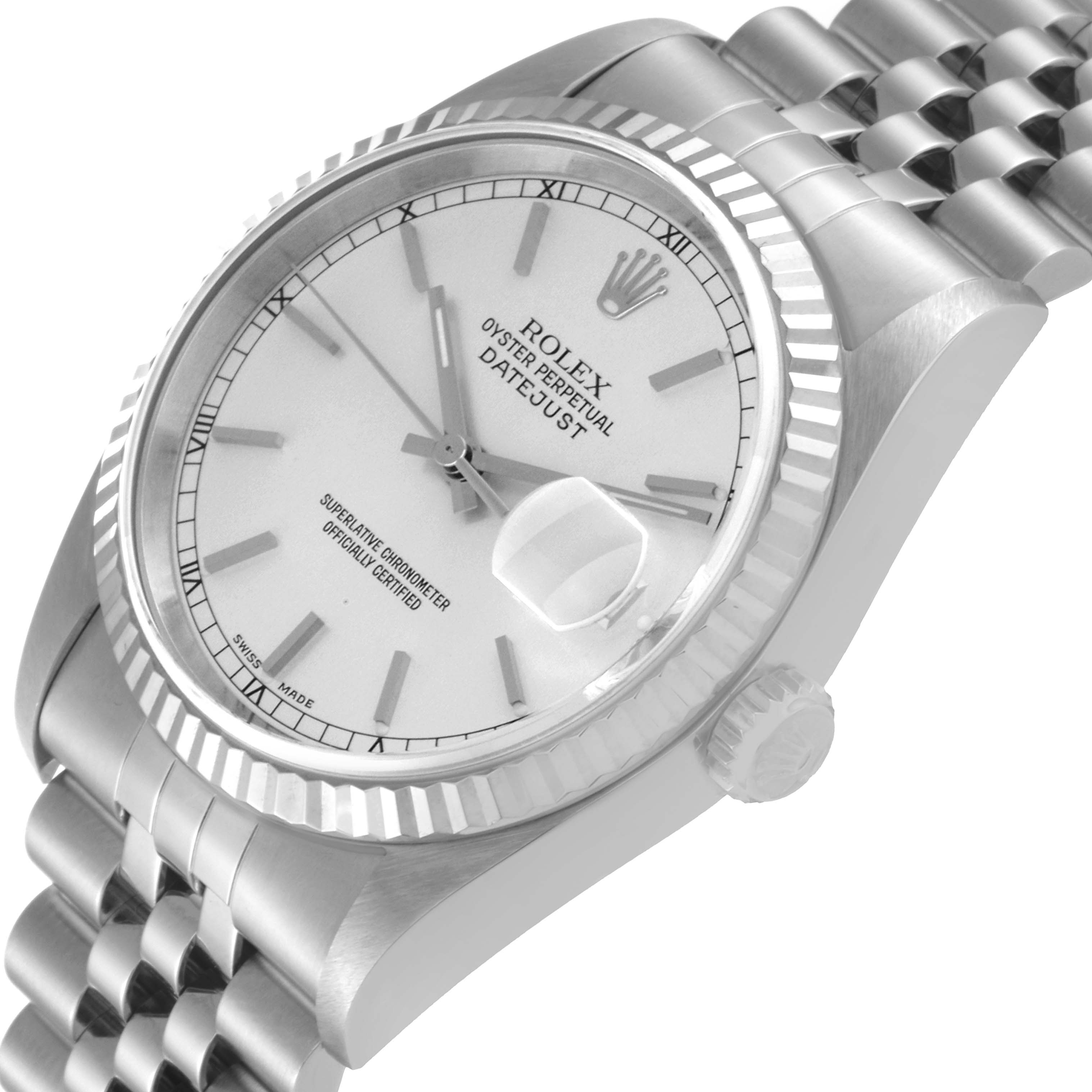 The Rolex Datejust 16234 Men's Stainless Steel Silver Dial 16234 Men's Stainless Steel Silver Dial watch is shown at a slight angle, displaying the face, fluted bezel, crown, and partial jubilee bracelet.