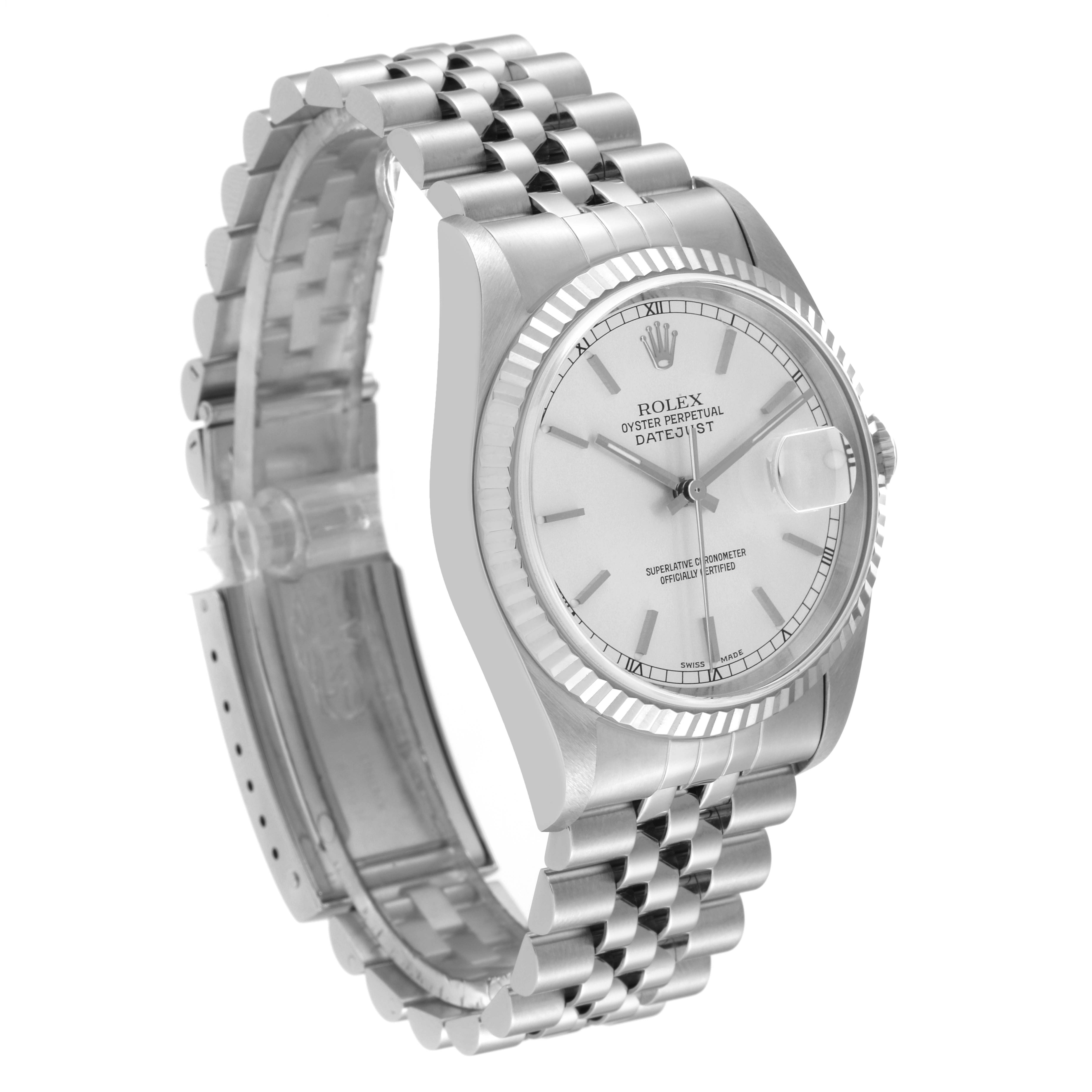 The image shows a side angle view of a Rolex Datejust 16234 Men's Stainless Steel Silver Dial 16234 Men's Stainless Steel Silver Dial watch with a silver dial and jubilee bracelet.