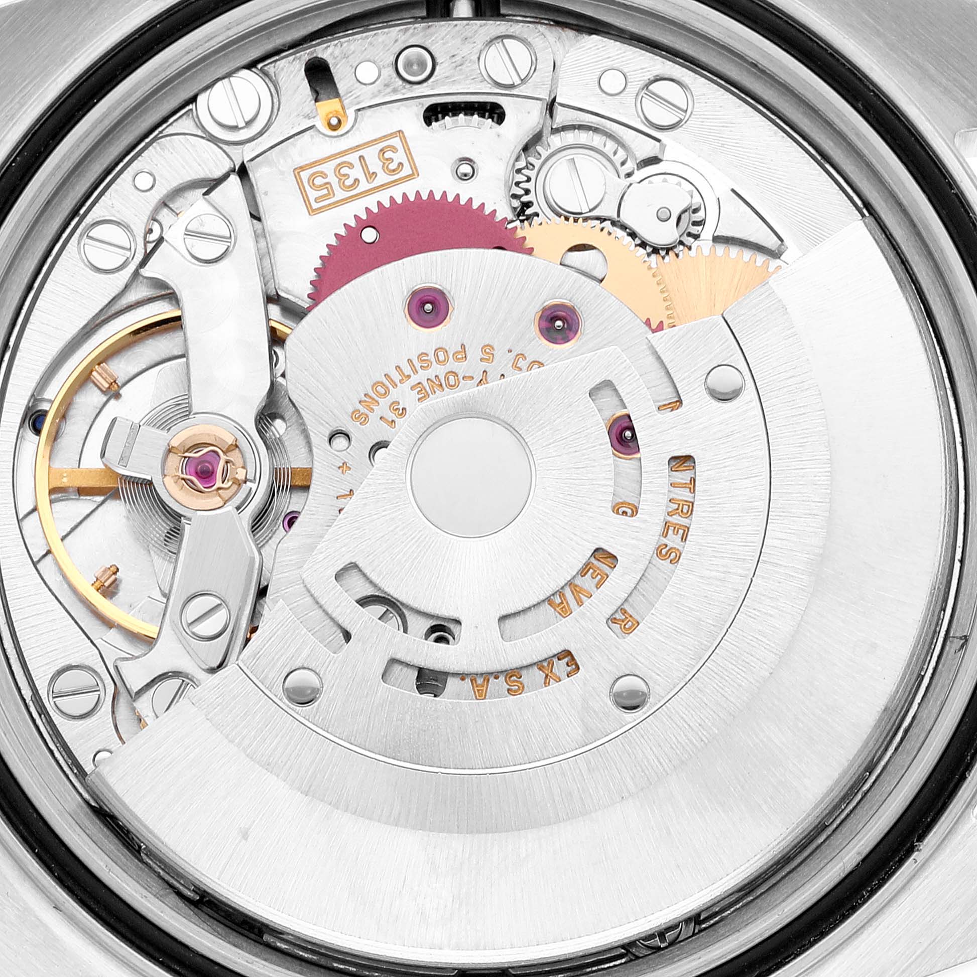 This image shows a close-up of the Rolex Datejust 16234 Men's Stainless Steel Silver Dial 16234 Men's Stainless Steel Silver Dial watch's mechanical movement from the back.