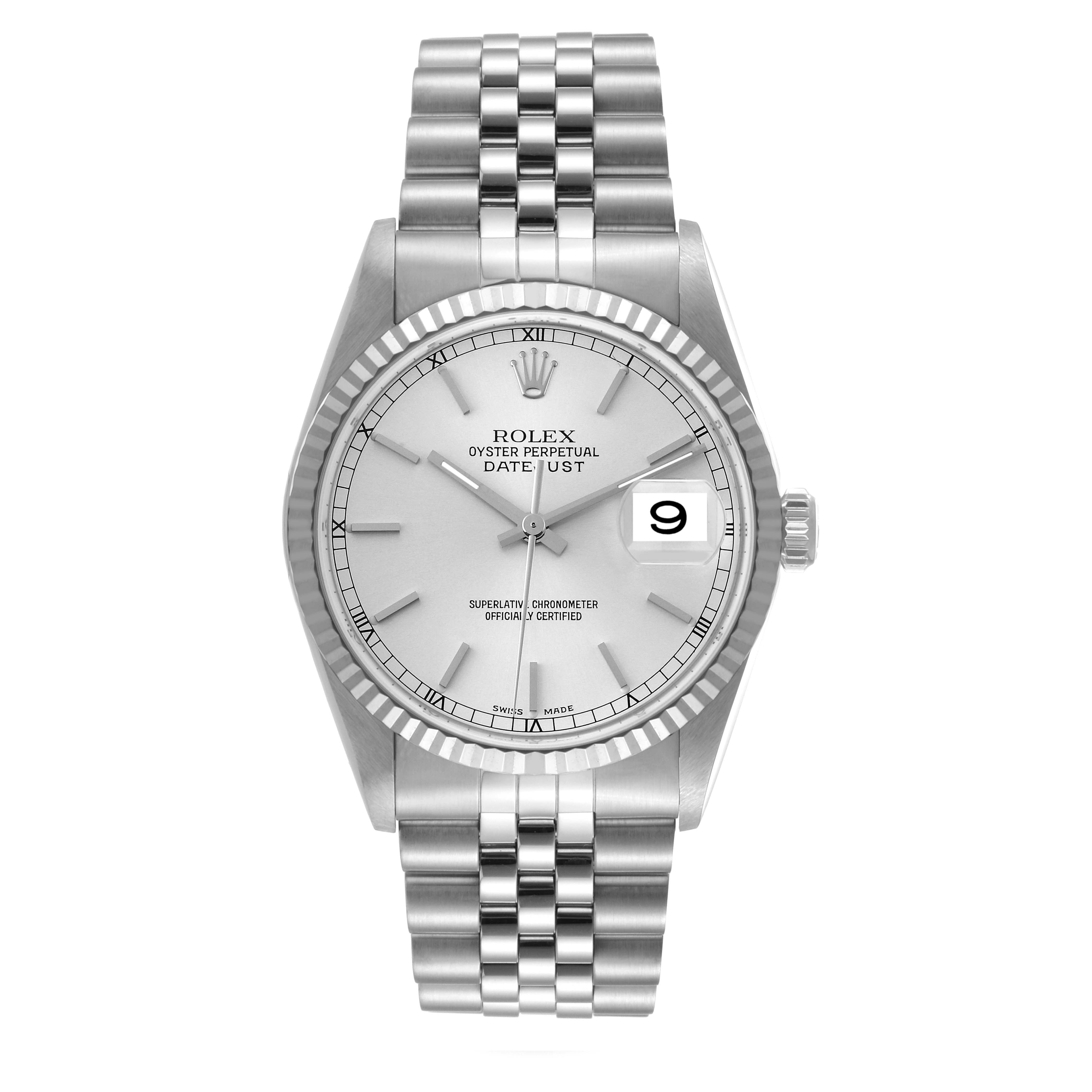 The image shows a front view of the Rolex Datejust 16234 Men's Stainless Steel Silver Dial 16234 Men's Stainless Steel Silver Dial watch, displaying its dial, bezel, bracelet, and date window.