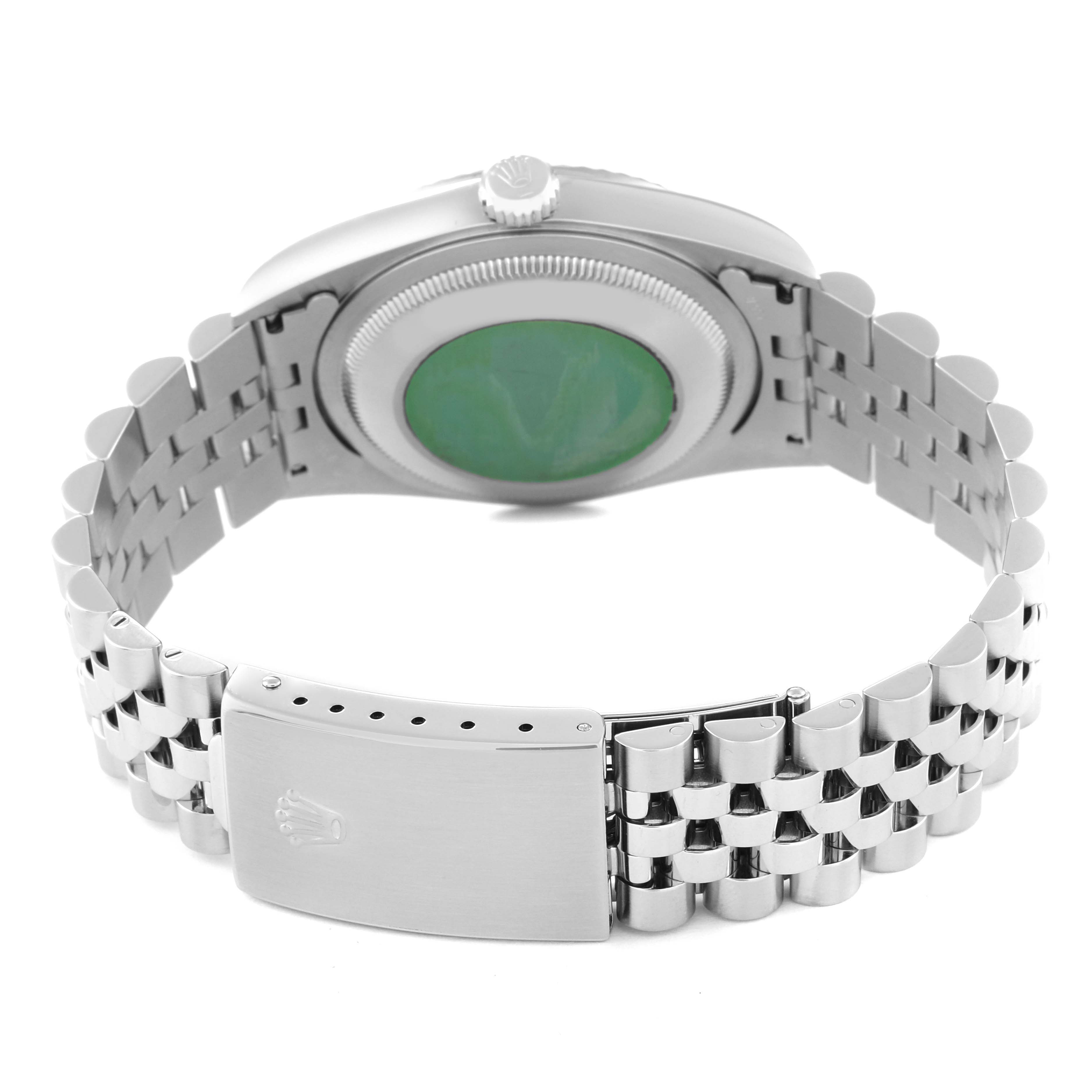 The image shows the back view of a Rolex Datejust 16234 Men's Stainless Steel Silver Dial 16234 Men's Stainless Steel Silver Dial watch displaying its clasp and bracelet.