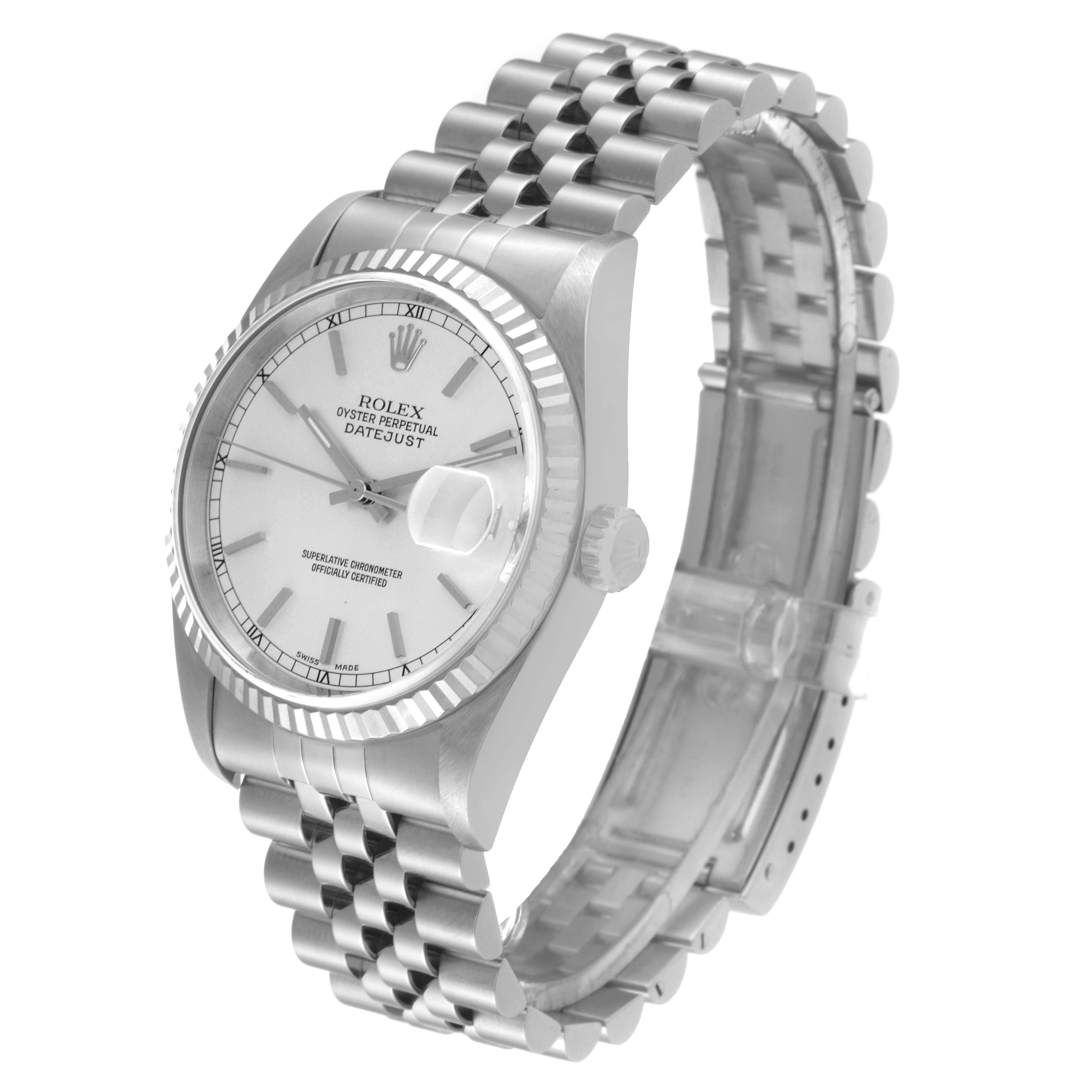 The image shows a Rolex Datejust 16234 Men's Stainless Steel Silver Dial 16234 Men's Stainless Steel Silver Dial watch in a three-quarter front angle, highlighting its face, bezel, and bracelet.