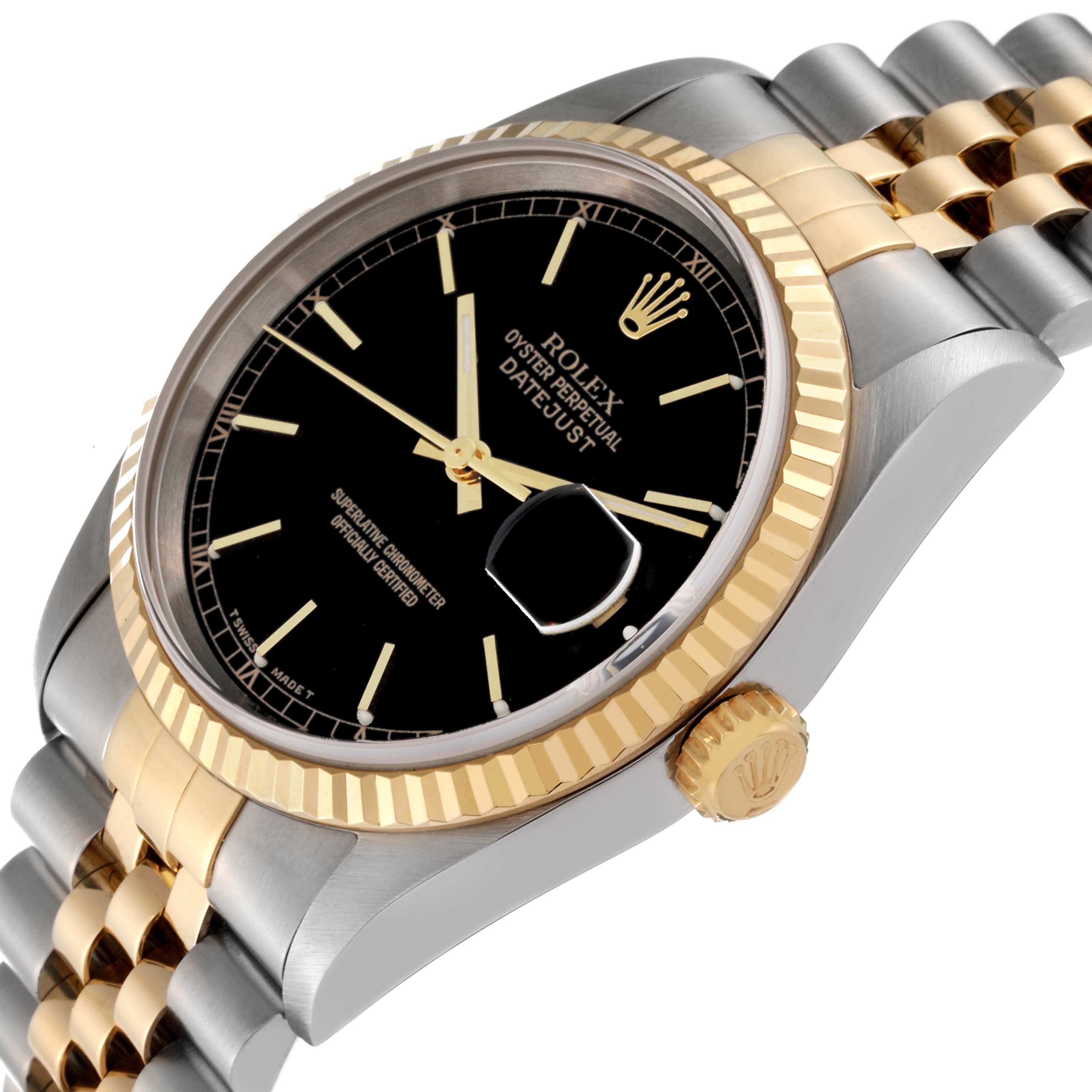 This image shows an angled side view of a Rolex Datejust 16233 Men's Steel and Gold (two tone) Black Dial 16233 Men's Steel and Gold (two tone) Black Dial watch, highlighting its black dial, gold fluted bezel, and two-tone Jubilee bracelet.