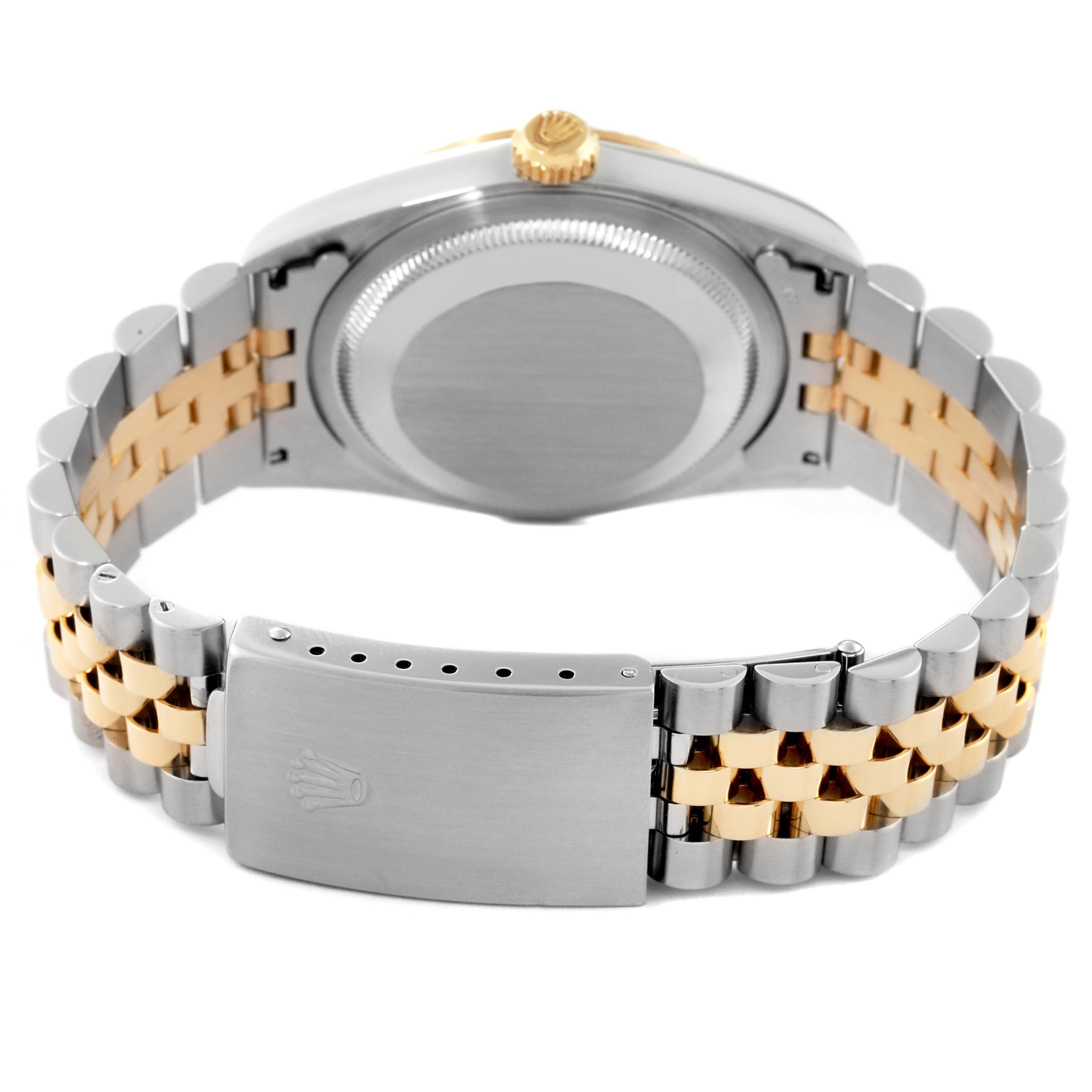 The image shows the back of the Rolex Datejust 16233 Men's Steel and Gold (two tone) Black Dial 16233 Men's Steel and Gold (two tone) Black Dial watch, featuring a two-tone bracelet, clasp, and crown.